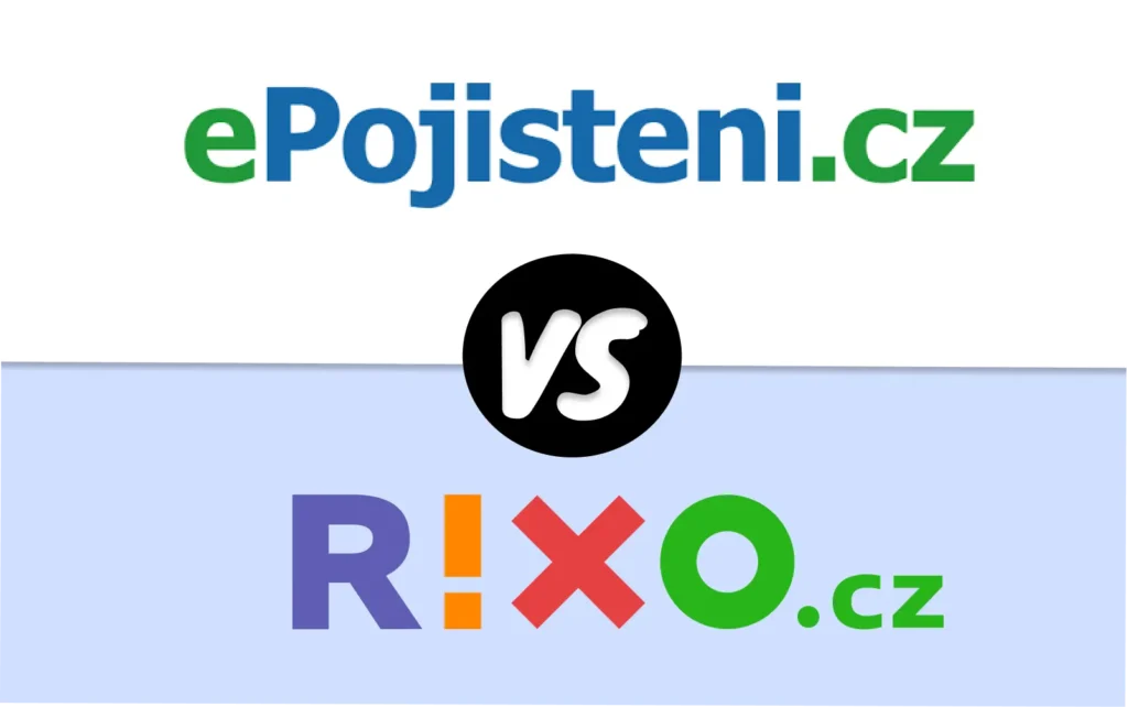 Srovnání online srovnávačů pojištění ePojištění.cz vs RIXO.cz – loga obou platforem vedle sebe s výrazným nápisem „vs“ uprostřed.