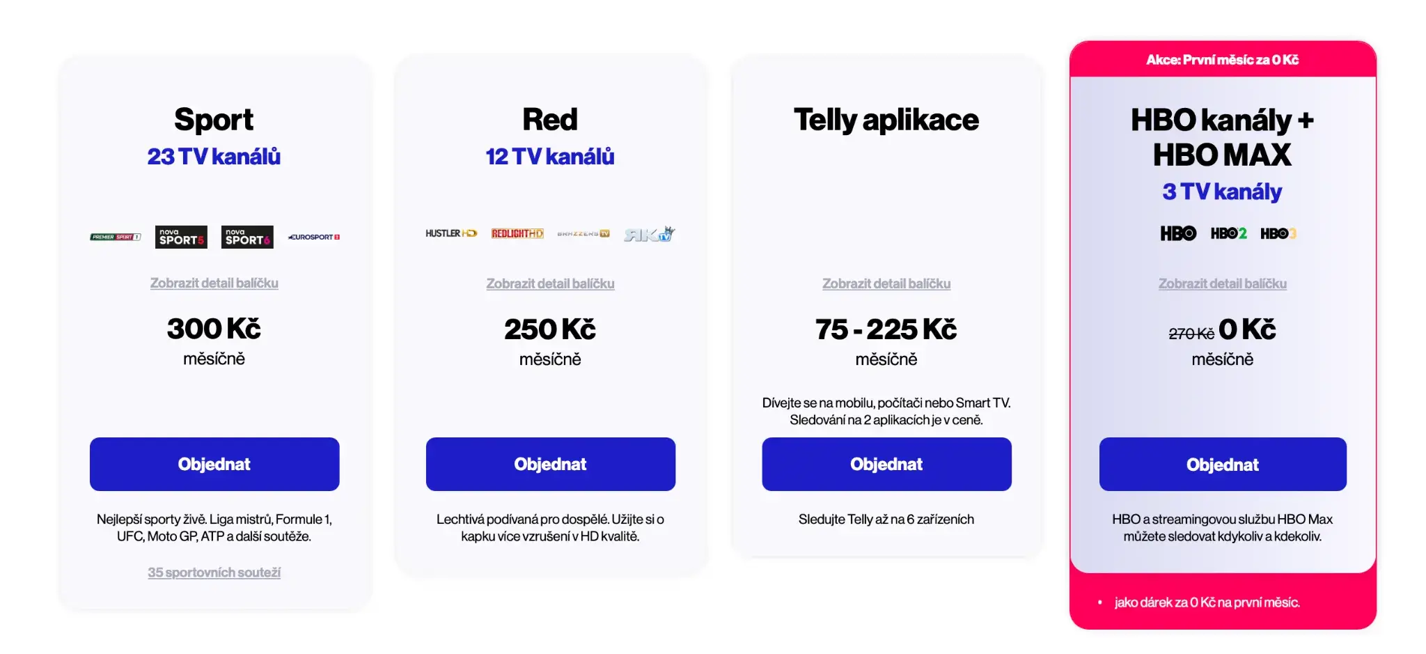 Přehled doplňkových balíčků Telly – Sport, Red, HBO Max a Telly aplikace s cenami
