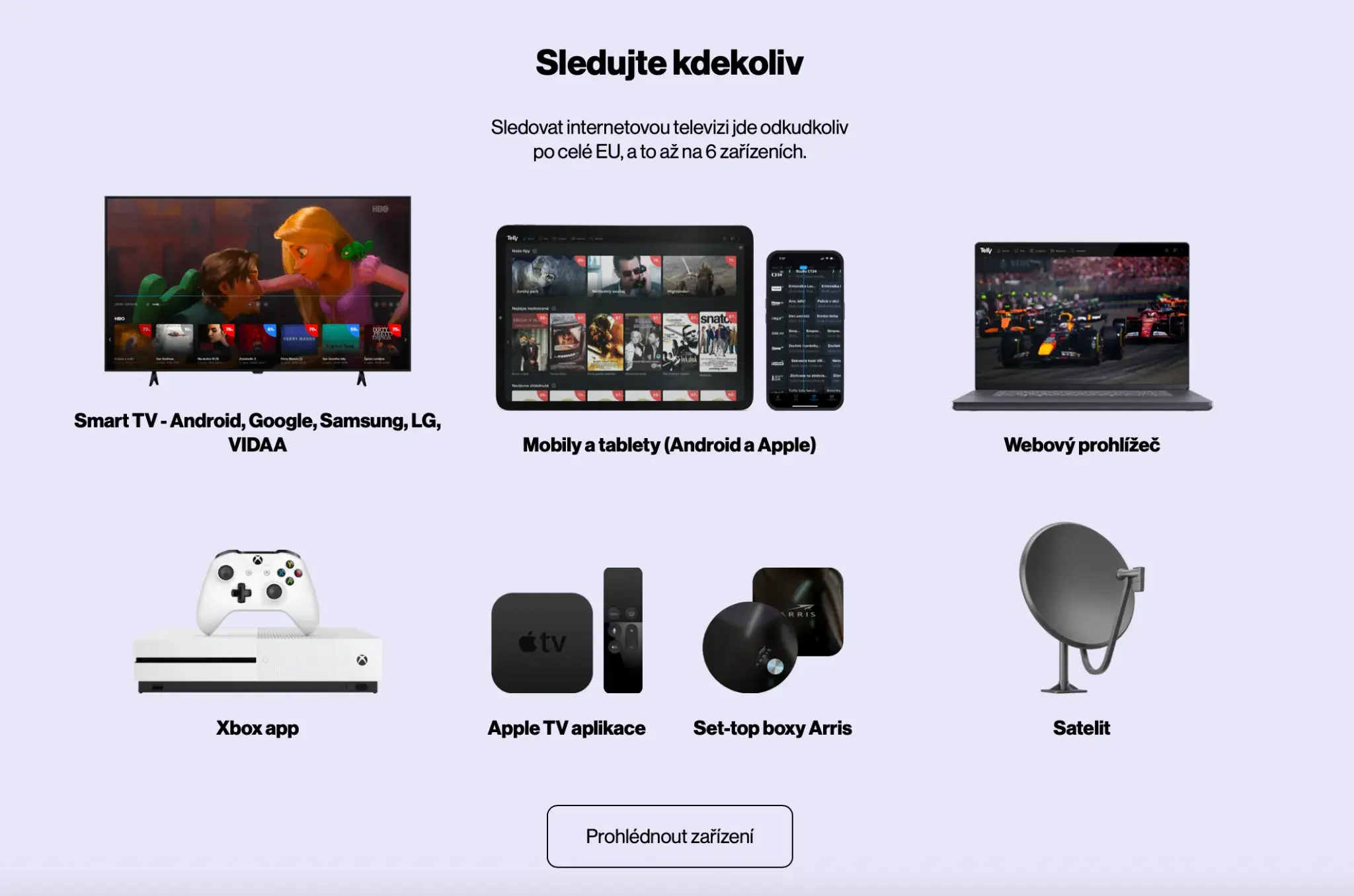 Zařízení pro sledování Telly – Smart TV, mobil, Xbox, Apple TV, webový prohlížeč a satelit