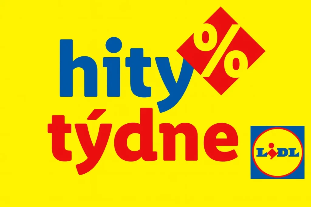Barevný obrázek „Hity týdne“ z Lidlu, žluté pozadí, nápis modro-červený, s logem Lidlu – klasická akční grafika, co na vás blikne v letáku nebo u vchodu do prodejny.