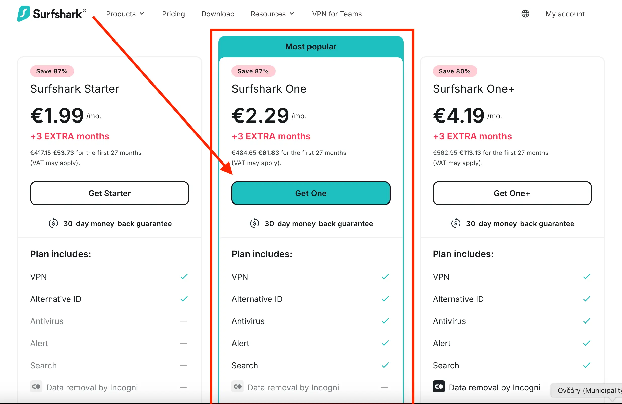 Ceník Surfshark VPN s vyznačenou variantou Surfshark One – 2leté předplatné za 2,29 € měsíčně včetně funkce CleanWeb, antiviru a dalších nástrojů.