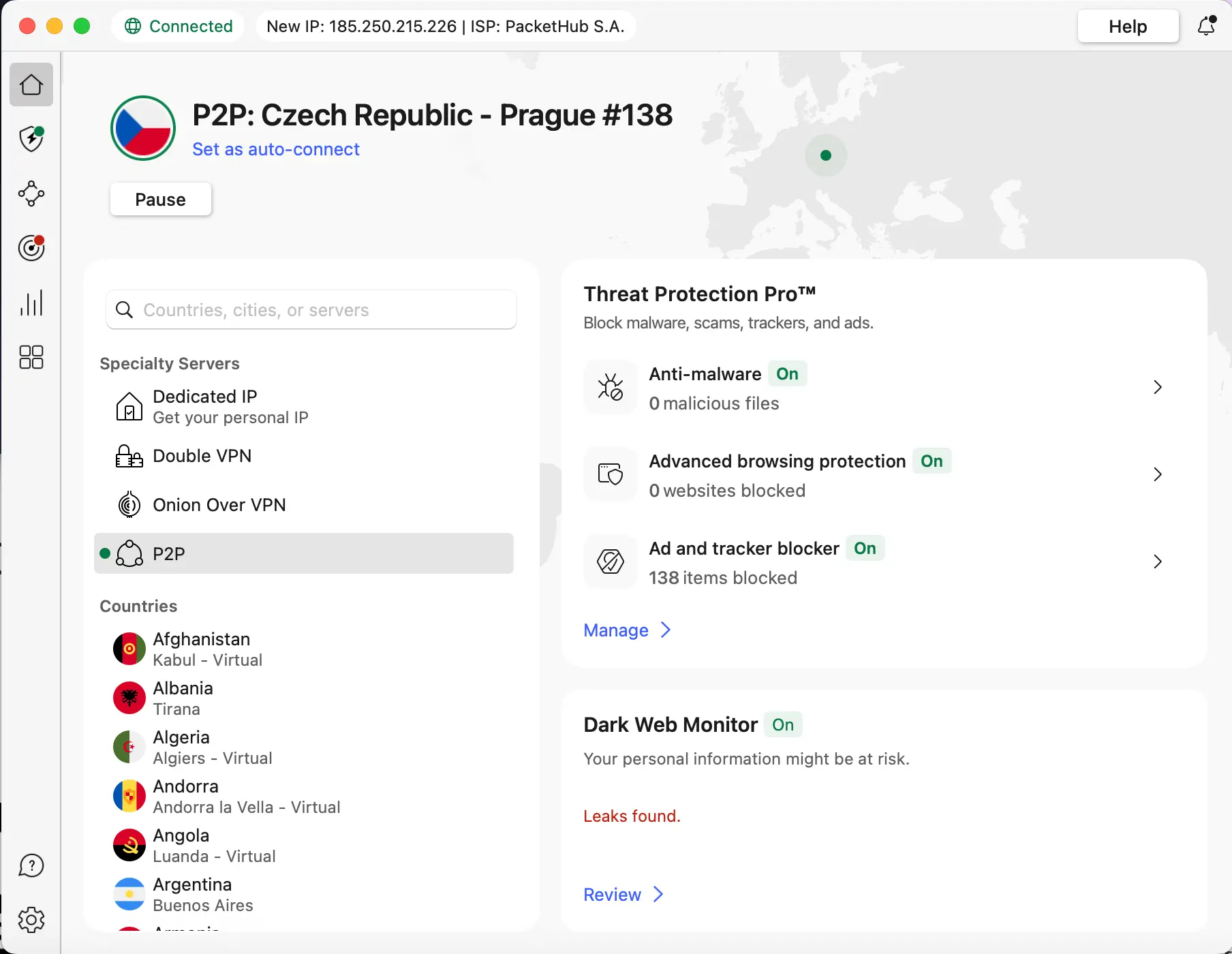 NordVPN aplikace spuštěná na macOS s připojením přes český P2P server v Praze, aktivní funkce Threat Protection Pro, ochrana proti malware a trackerům