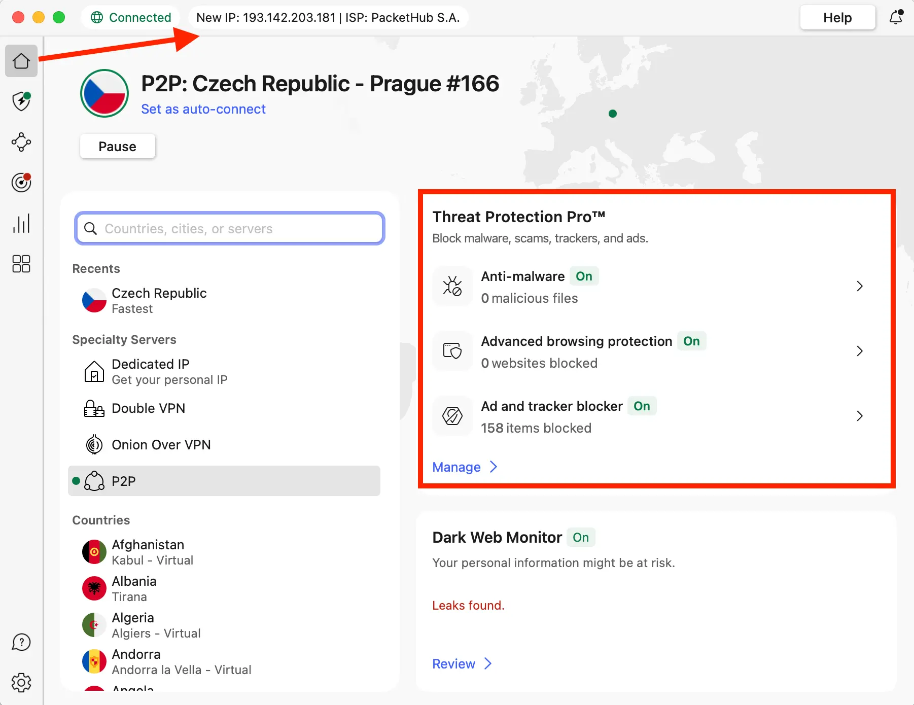 NordVPN zapnutá na českém serveru, šifrování běží a ochrana proti reklamám a sledování je aktivní.