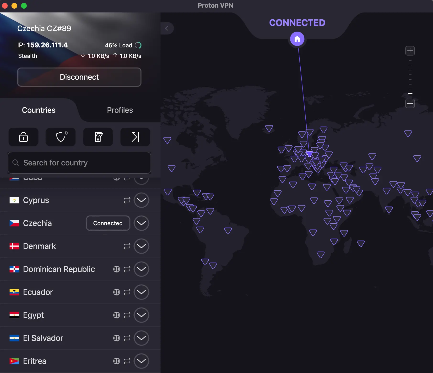 Aplikace ProtonVPN Mac připojení Czechia CZ89 Stealth mód aktivní