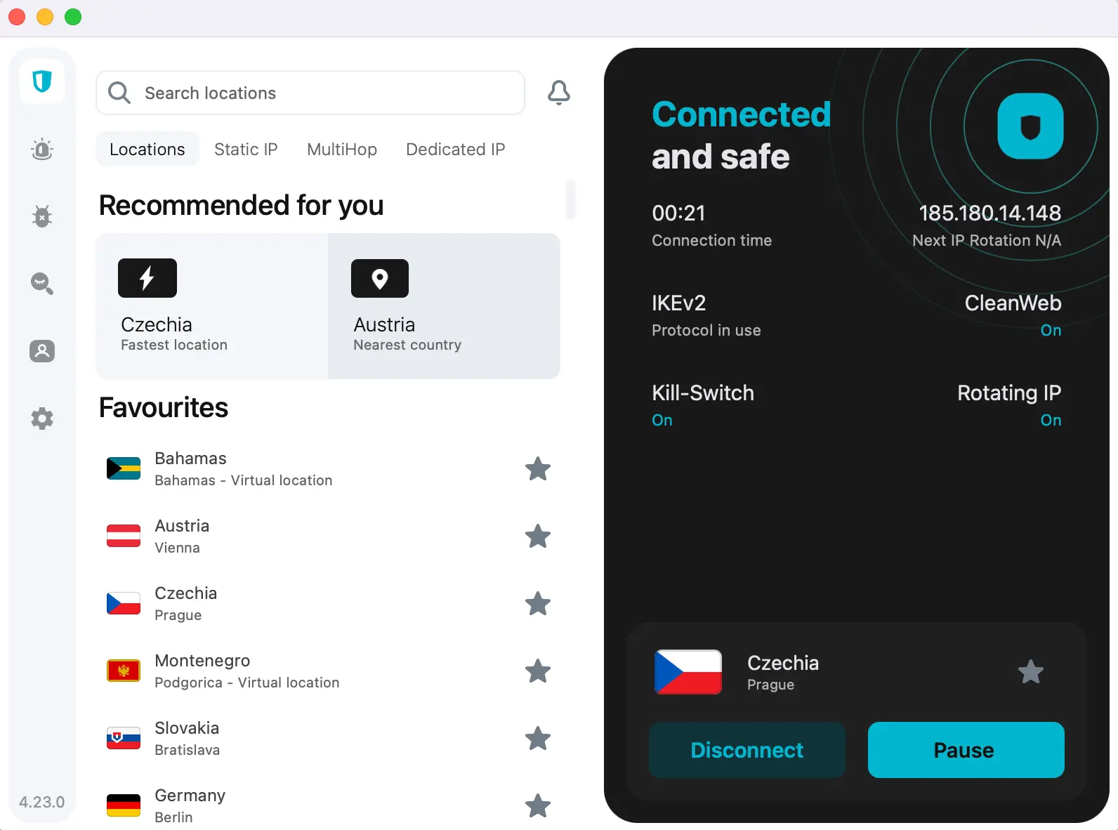 Surfshark VPN připojená na český server, aktivní CleanWeb blokuje reklamy a trackery.