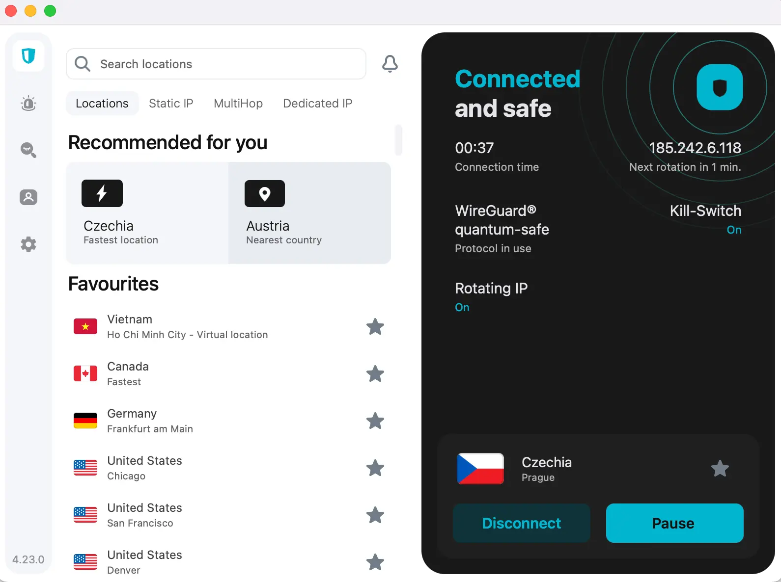 Aplikace Surfshark připojení Česko Praha přes WireGuard s aktivním Kill Switch