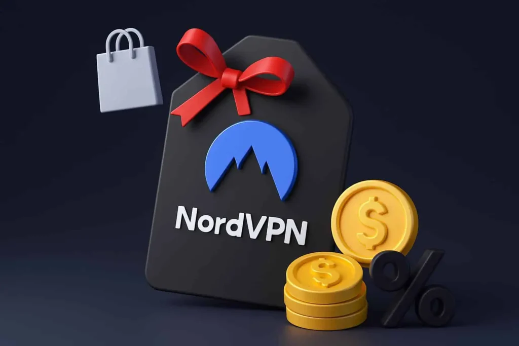 NordVPN Black Friday sleva 2025 – akční cenovka s logem NordVPN, červenou stuhou a mincemi symbolizujícími slevu až 77 % a 3 měsíce zdarma
