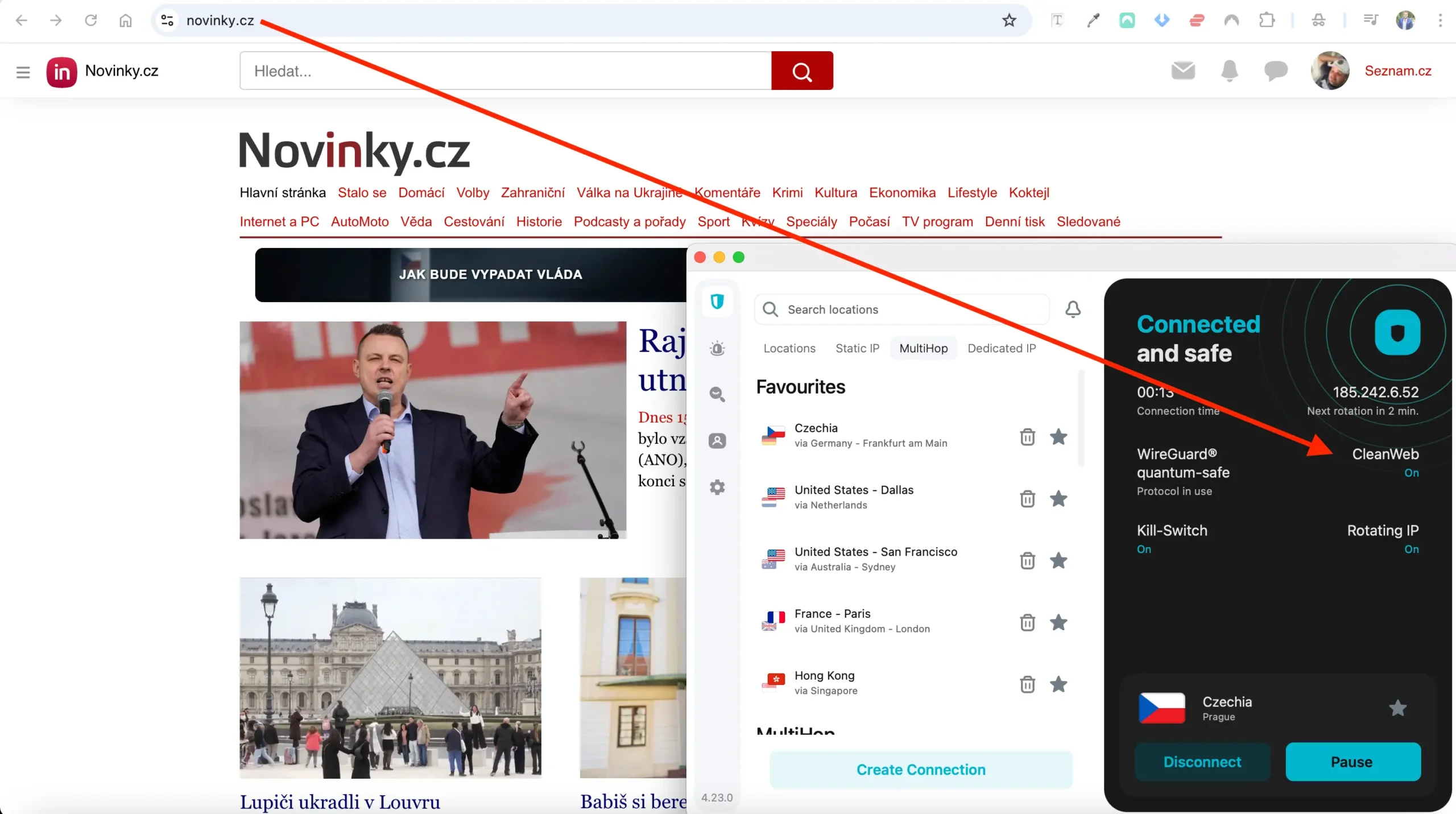 Web Novinky.cz otevřený s aktivní VPN Surfshark a zapnutou funkcí CleanWeb, která blokuje reklamy a trackery. Vpravo viditelná aktivní ochrana.