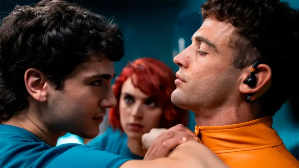 Tense confrontation between characters inside the luxury underground shelter in the Netflix thriller Billionaires’ Bunker.