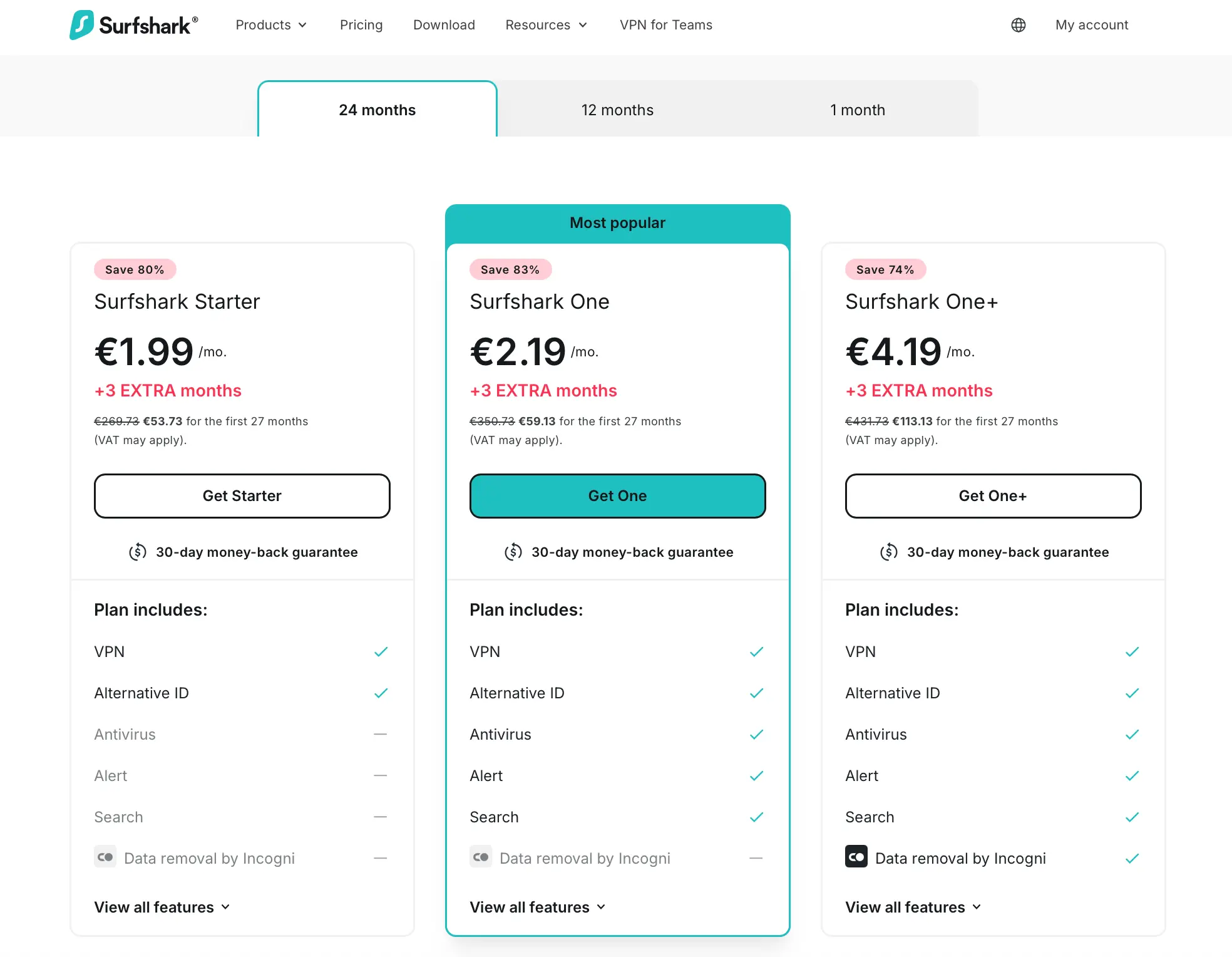 Srovnání Surfshark plánů v rámci Black Friday – základní VPN od 1,99 €, Surfshark One s antivirem a One+ s Incogni. Všechny tarify na 27 měsíců.