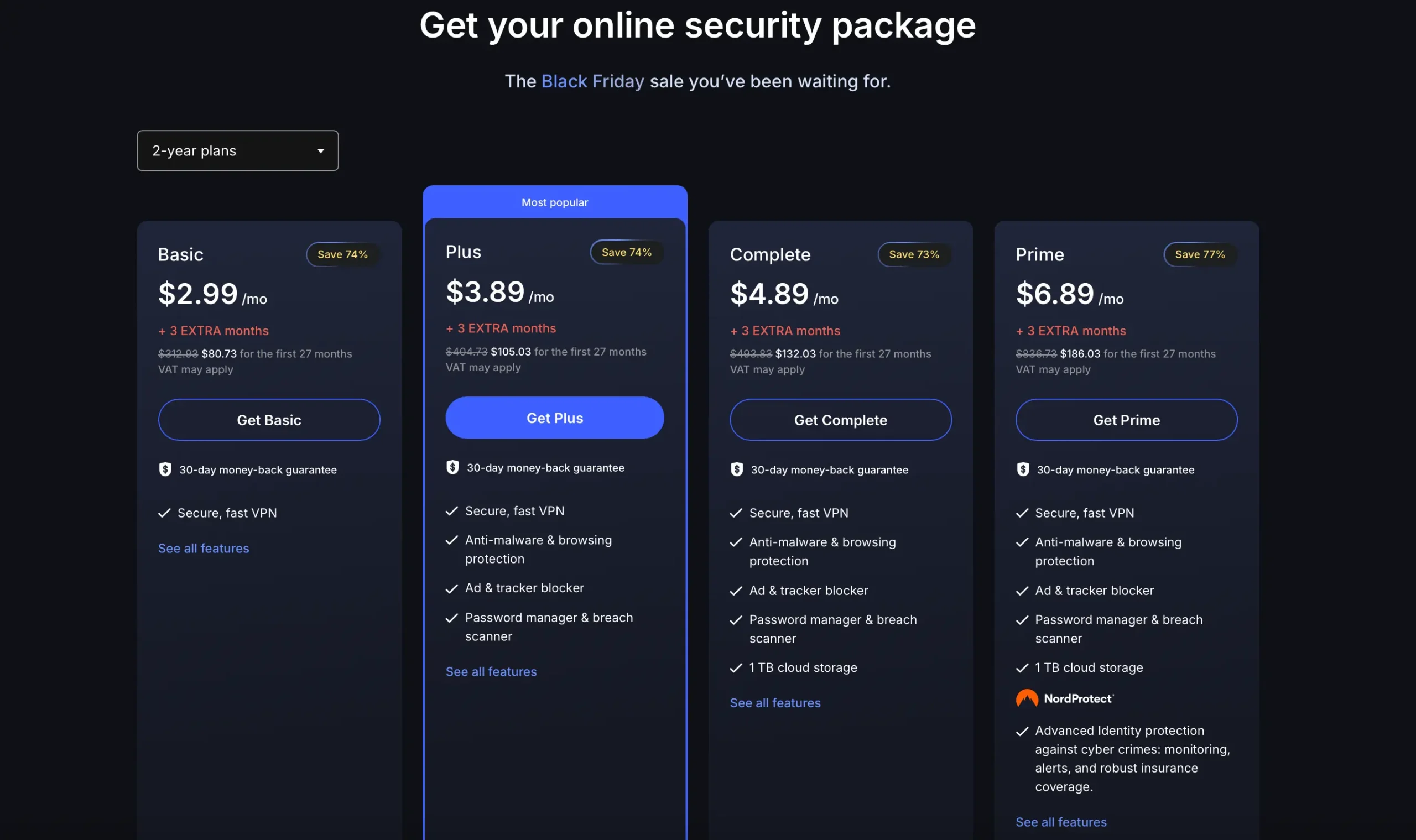 Srovnání Black Friday tarifů NordVPN 2025 – Basic, Plus, Complete a Prime s uvedenými slevami až 77 %, 3 měsíci zdarma a měsíčními cenami v dolarech