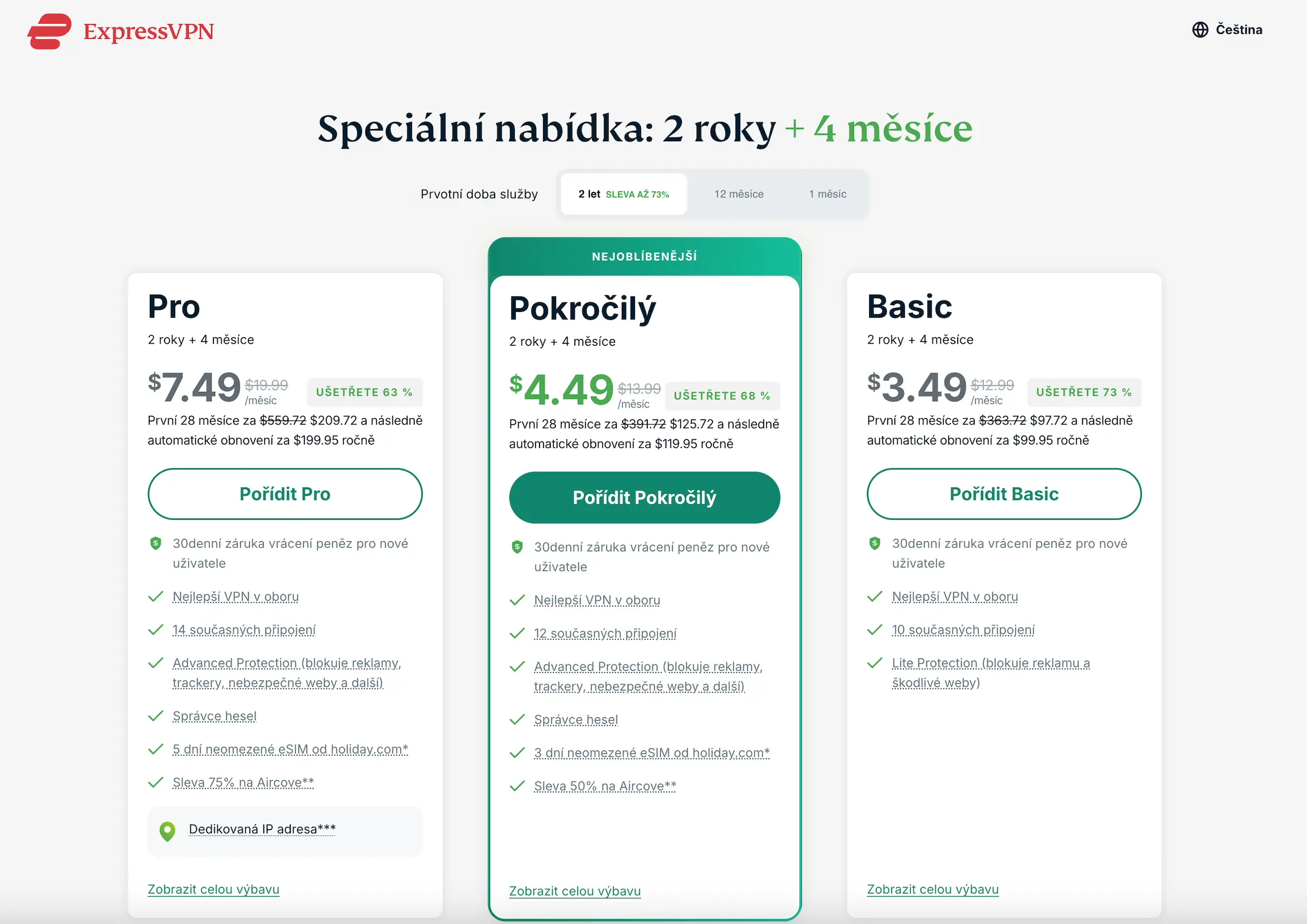 Přehled plánů ExpressVPN s akční slevou – Basic, Pokročilý a Pro verze na 2 roky + 4 měsíce zdarma.