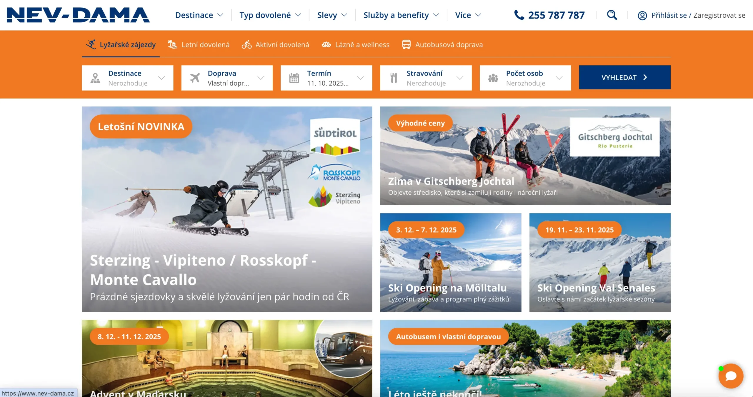 Úvodní stránka cestovky Nev-Dama s nabídkou lyžařských zájezdů: Alpy, Itálie, Rakousko, nové destinace a akce pro zimní sezónu.