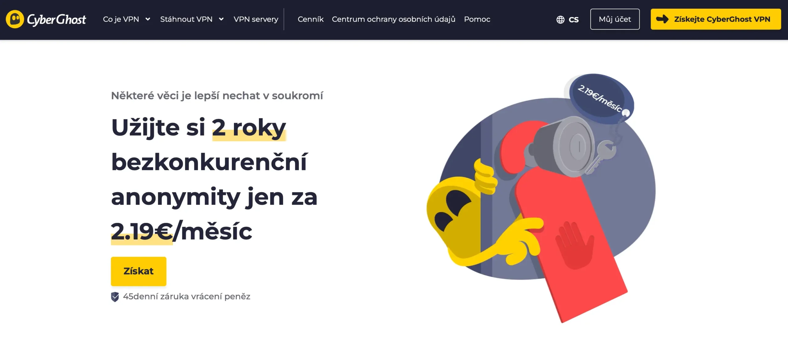 Promo nabídka CyberGhost VPN – 2 roky anonymního připojení jen za 2.19 € měsíčně, akce s 45denní zárukou vrácení peněz.