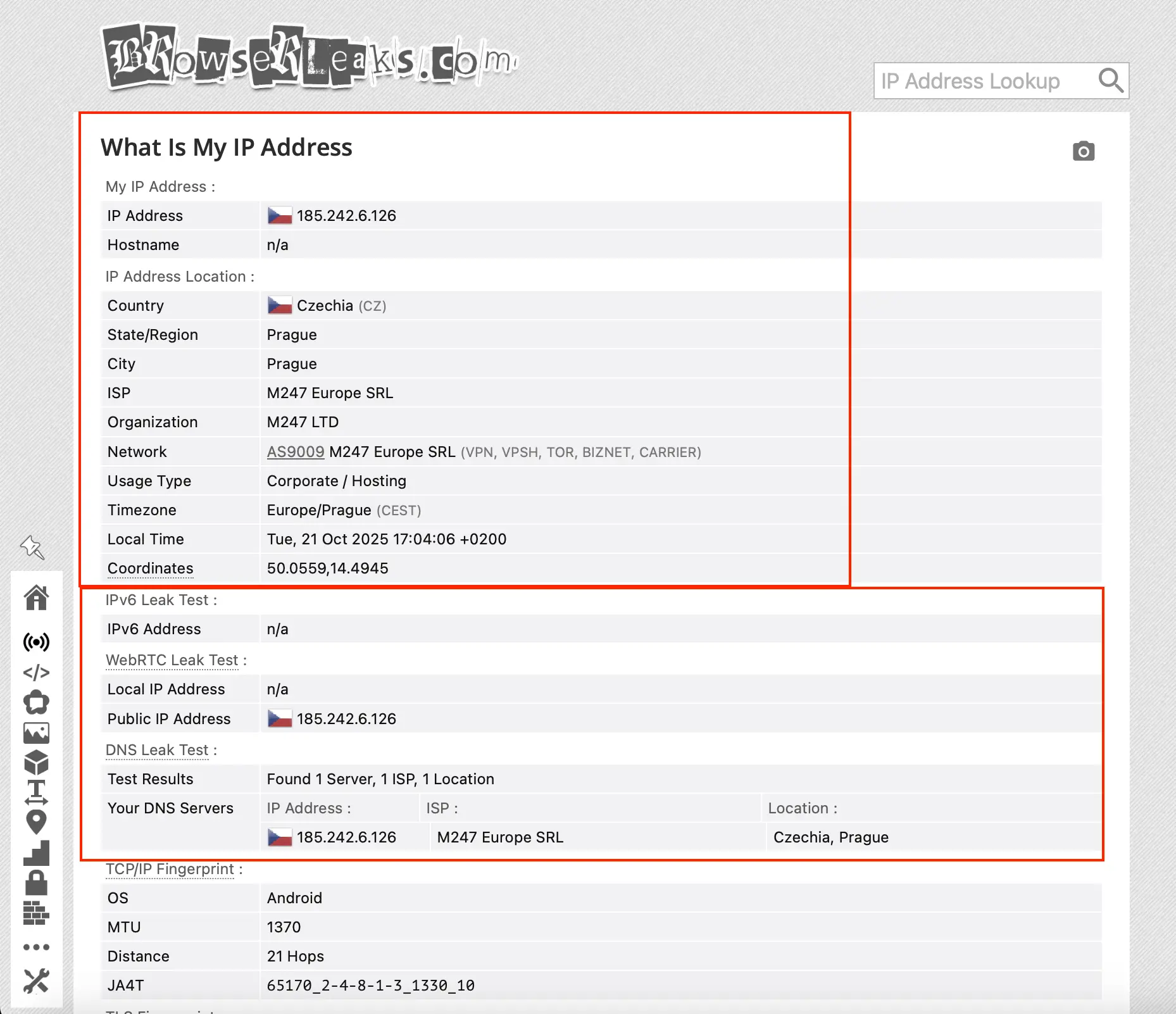Výsledek testu IP adresy, DNS a úniků při zapnuté VPN Surfshark – připojeno přes český server, žádný únik dat ani DNS záznamů.
