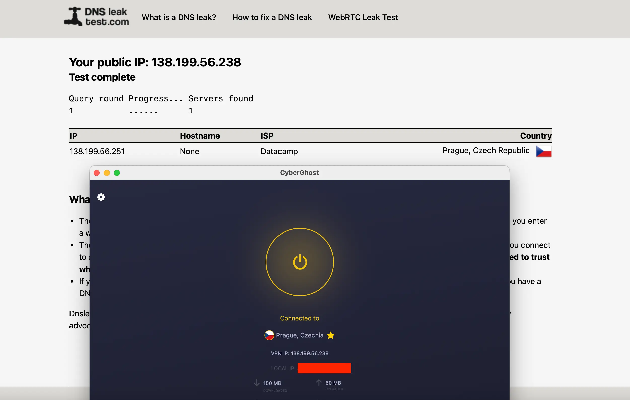 Test úniku DNS při zapnuté CyberGhost VPN – připojení z Prahy bez úniku dat, potvrzená funkční anonymita.