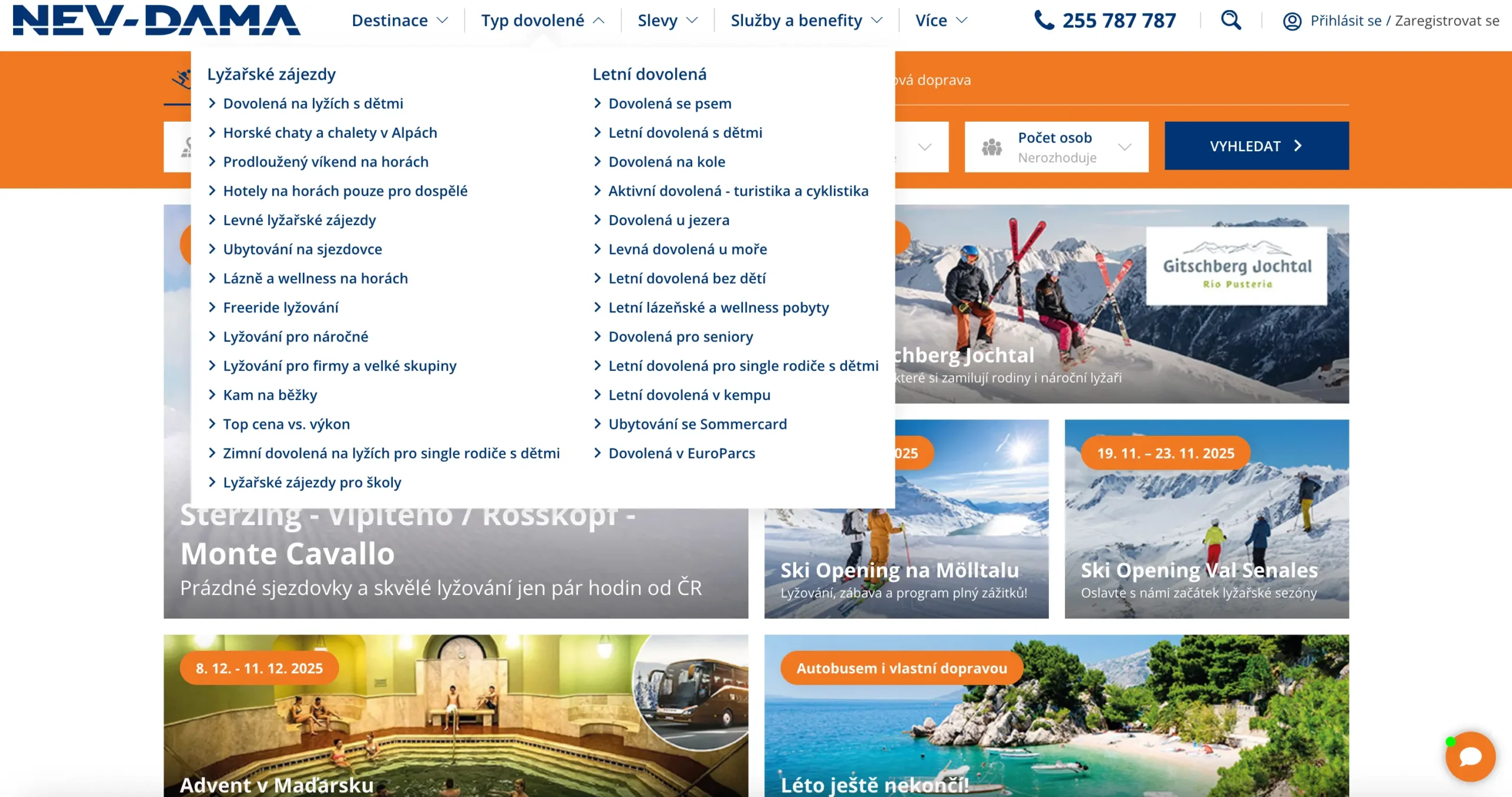 Nabídka typů dovolených na webu Nev-Dama: od lyžařských zájezdů přes wellness pobyty až po letní dovolenou se psem nebo na kole