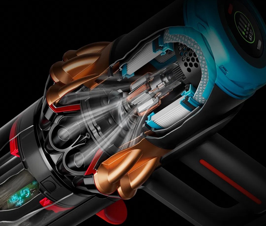 Detail vnitřní konstrukce motoru Dyson V16 s technologií Hyperdymium a HEPA filtrací.