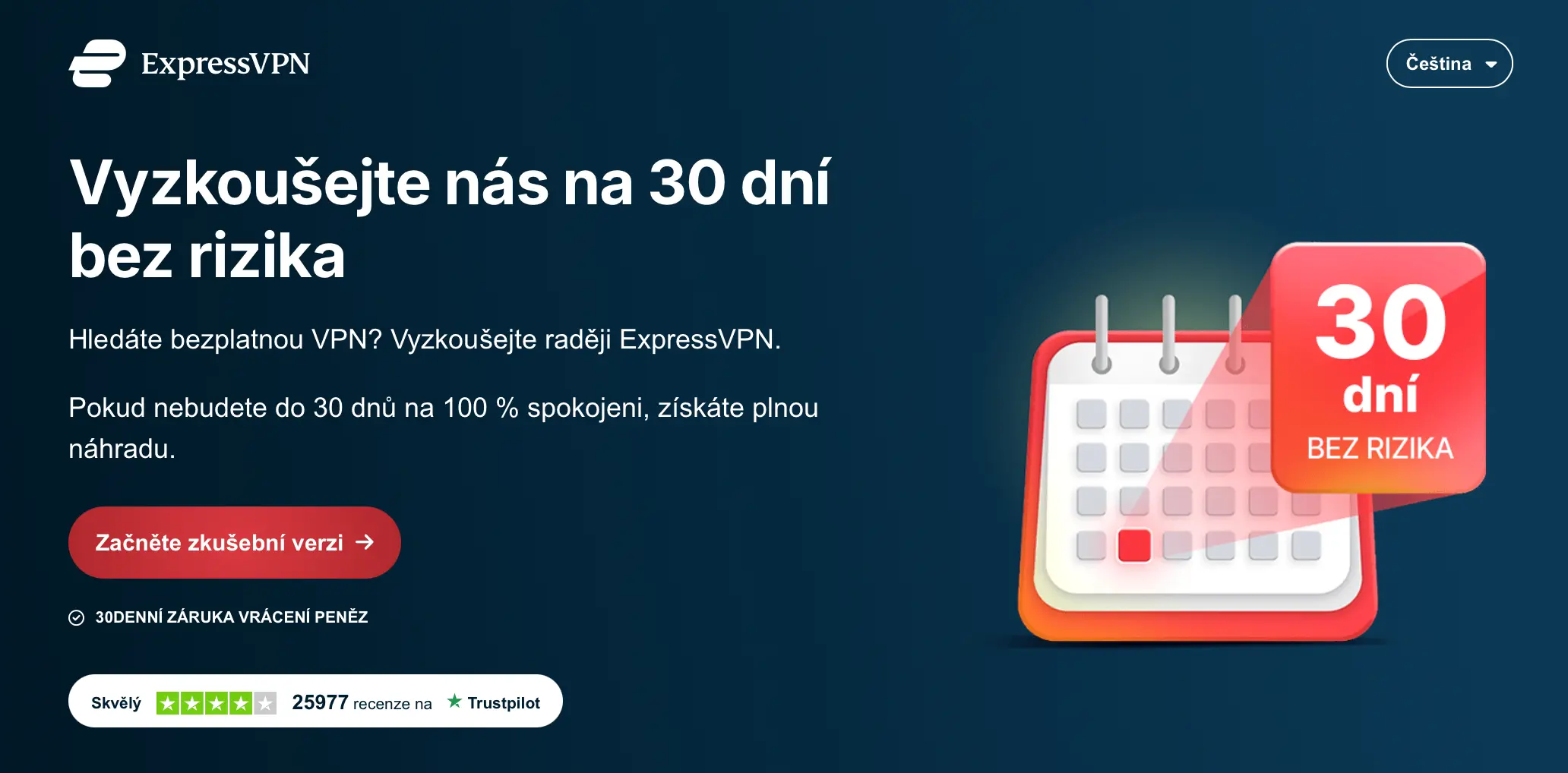 Vyzkoušejte ExpressVPN zdarma na 30 dní, pokud nejste spokojení, dostanete peníze zpět.