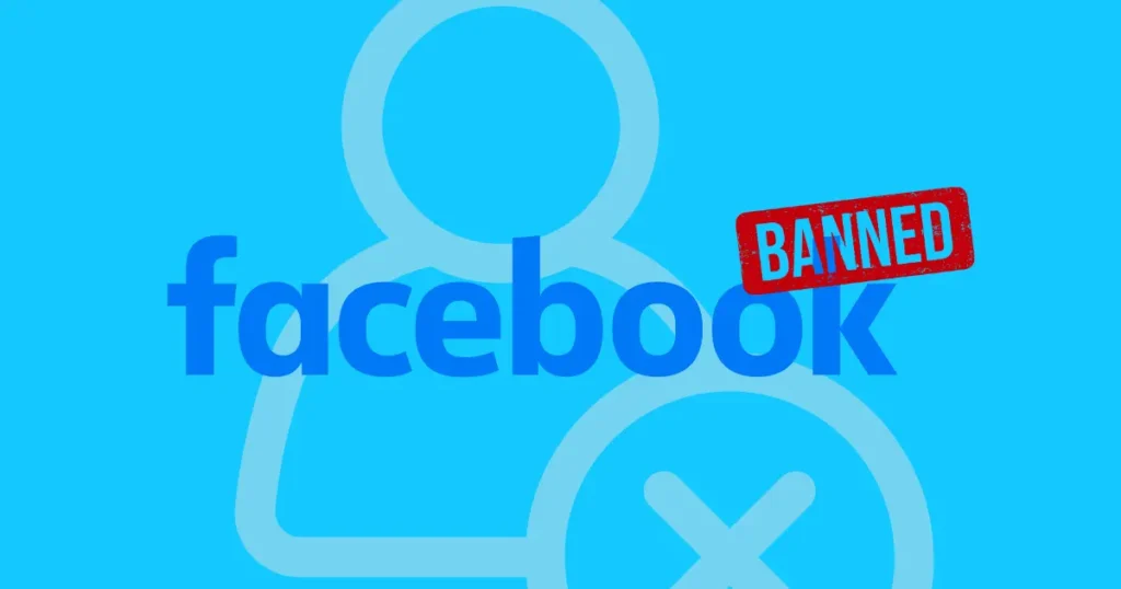 Modré logo Facebooku s ikonou uživatele a červeným razítkem 'BANNED', symbolizující zablokování účtu