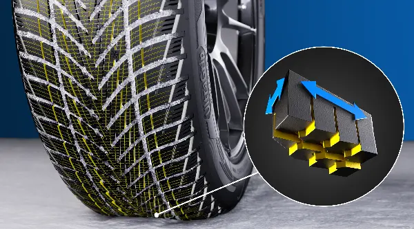 Detail zimní pneumatiky Goodyear UltraGrip Performance 3 s vyznačenou strukturou lamel a technologií pro lepší přilnavost na sněhu.