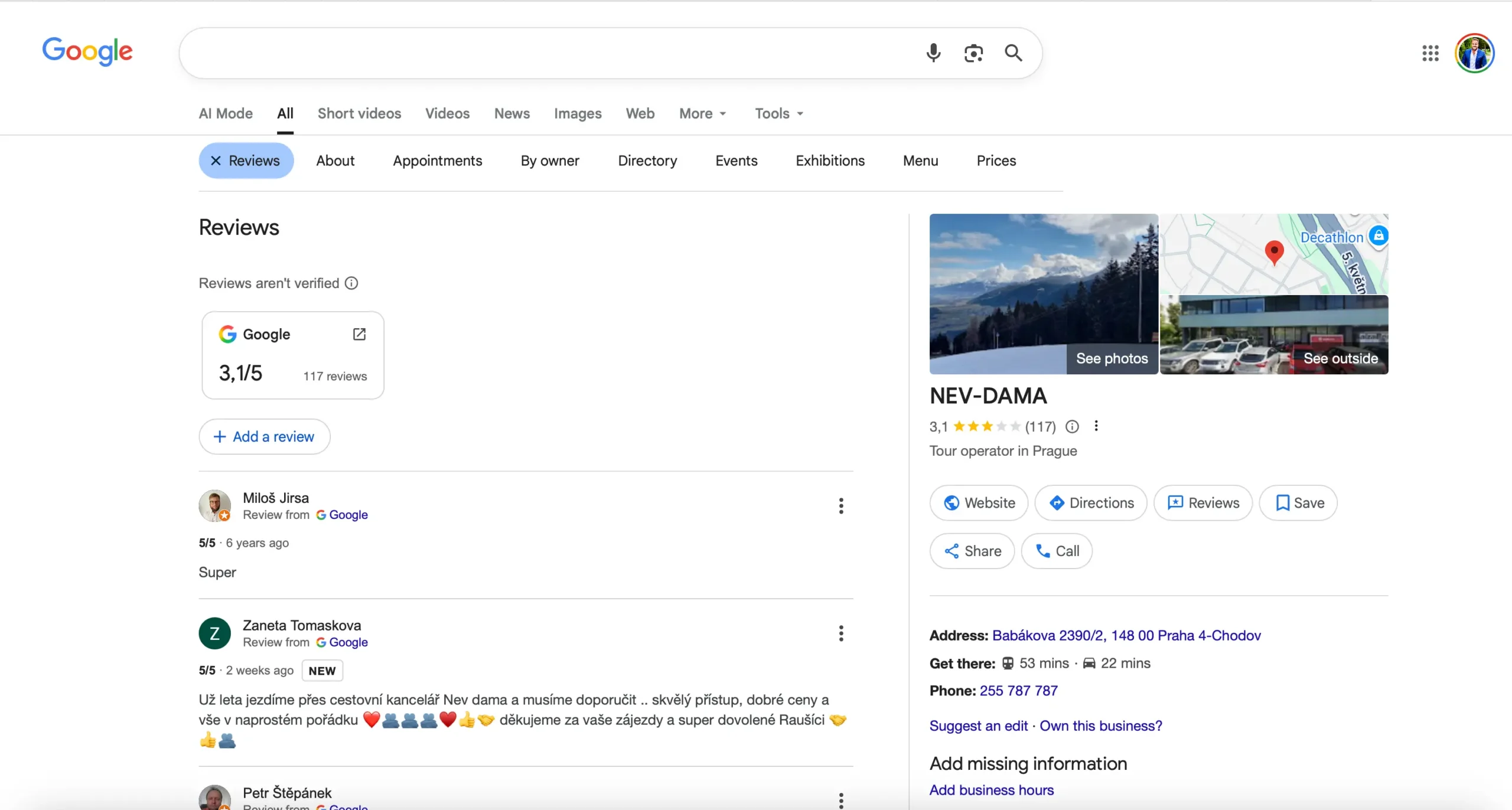 Google hodnocení cestovky Nev-Dama: průměr 3,1 z 5 hvězdiček podle 117 recenzí, mix chvály i kritiky od klientů