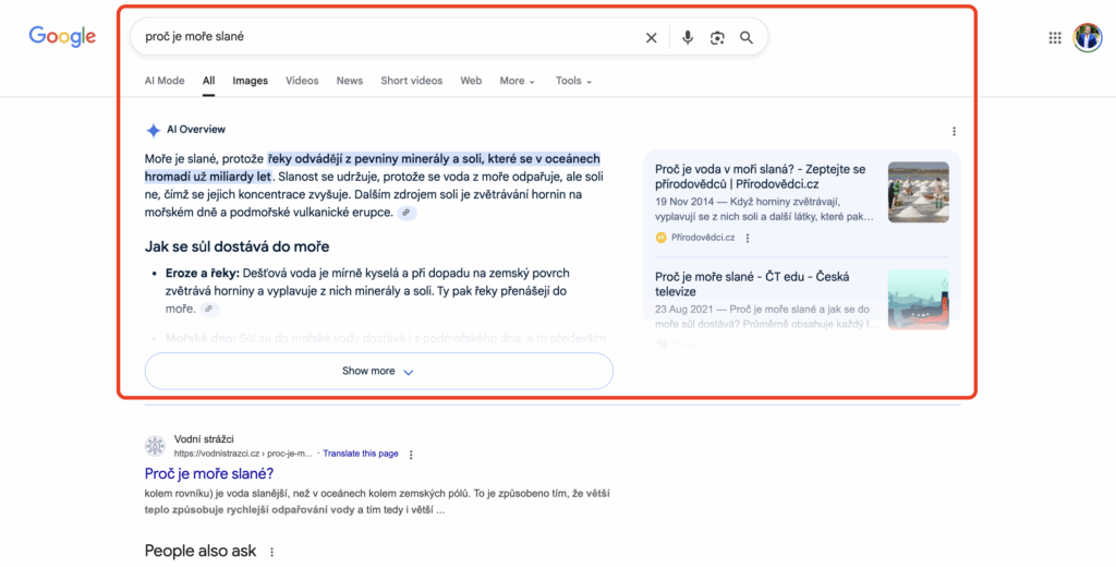 Ukázka vyhledávání na Googlu s AI přehledem nahoře – dotaz „proč je moře slané“ a modrý rámeček s automatickou odpovědí generovanou umělou inteligencí.