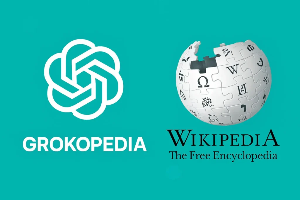 Logo Grokipedie vedle loga Wikipedie na tyrkysovém pozadí, vizuálně znázorňující srovnání mezi novou Muskovou encyklopedií a původní Wikipedií.