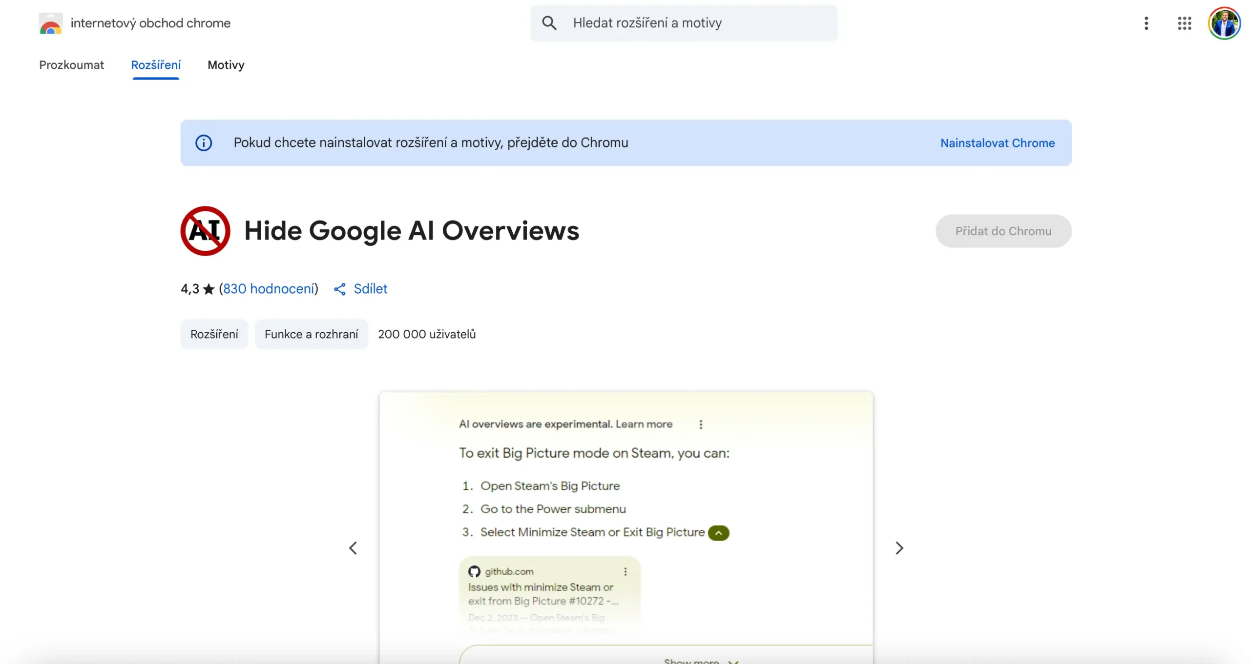 Rozšíření „Hide Google AI Overviews“ v Chrome Web Store. Stránka s informacemi o rozšíření, které umí skrýt AI přehledy ve výsledcích vyhledávání na Googlu.