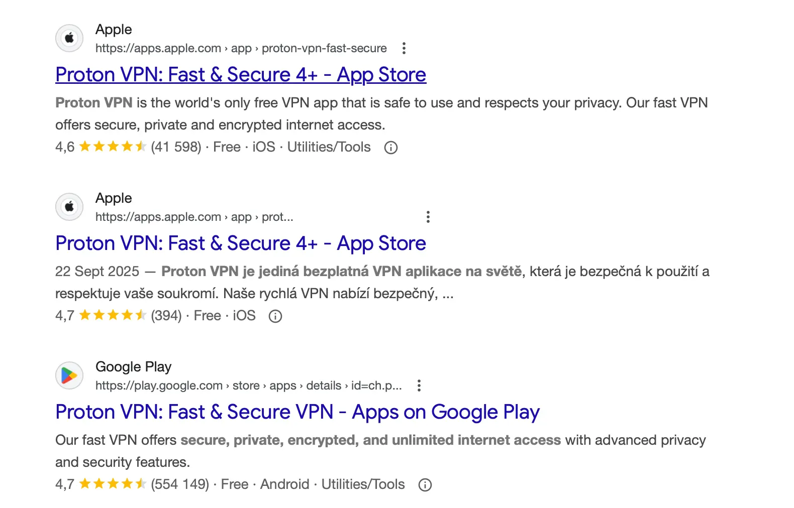 Uživatelské hodnocení Proton VPN z App Store a Google Play s průměrnou známkou 4,7 hvězdiček podle tisíců recenzí.