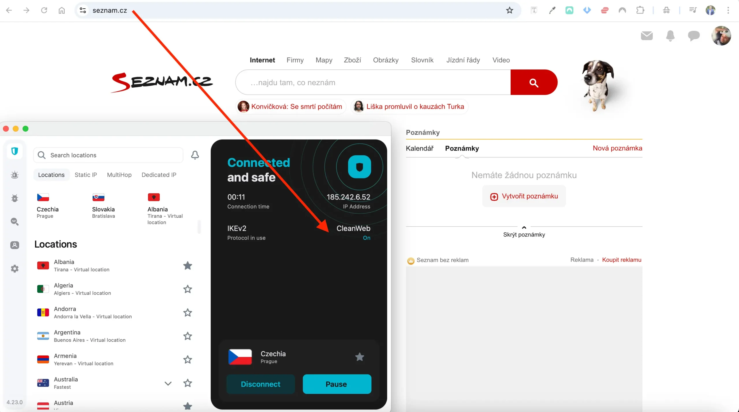 Zobrazení stránky Seznam.cz s aktivní VPN Surfshark, funkce CleanWeb zapnutá – reklamy jsou skryty a připojení je chráněné.