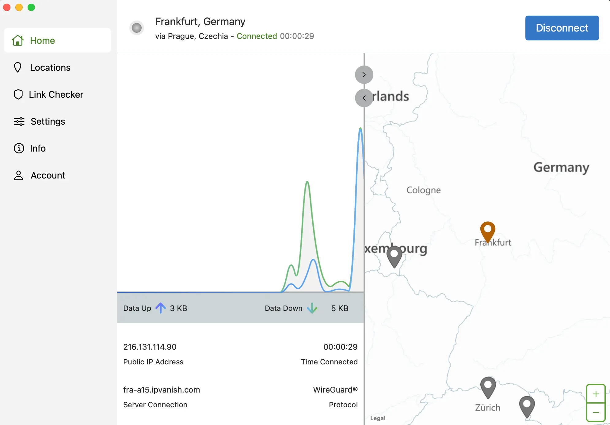 IPVanish připojení přes Frankfurt v aplikaci, testováno z Prahy přes WireGuard