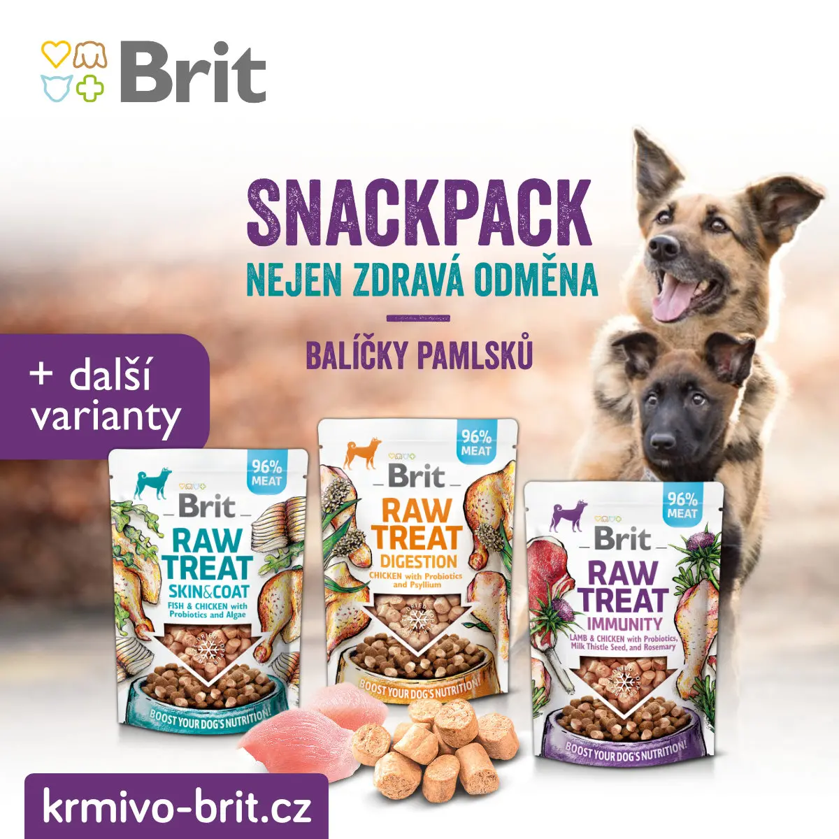 Krmivo Brit_ ADS | Venclíkovi.cz Dva psi u balíčků Brit RAW Treat. Reklama na zdravé pamlsky pro psy s vysokým obsahem masa.