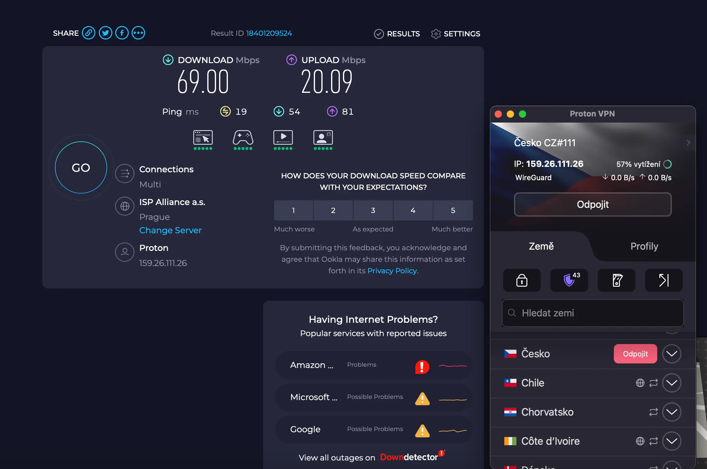 Test rychlosti internetu přes ProtonVPN server v Česku