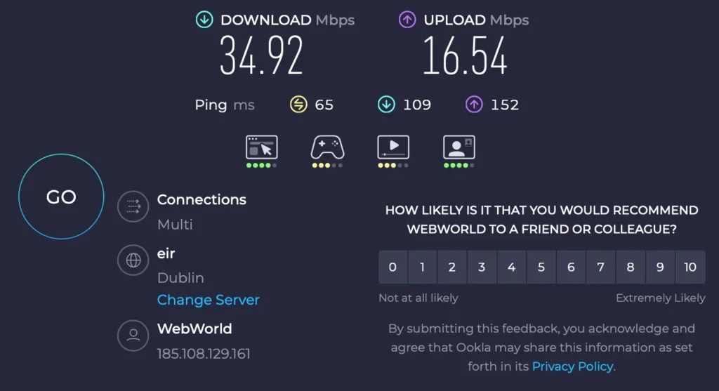 Měření rychlosti při připojení na server v Dublinu | Venclíkovi.cz