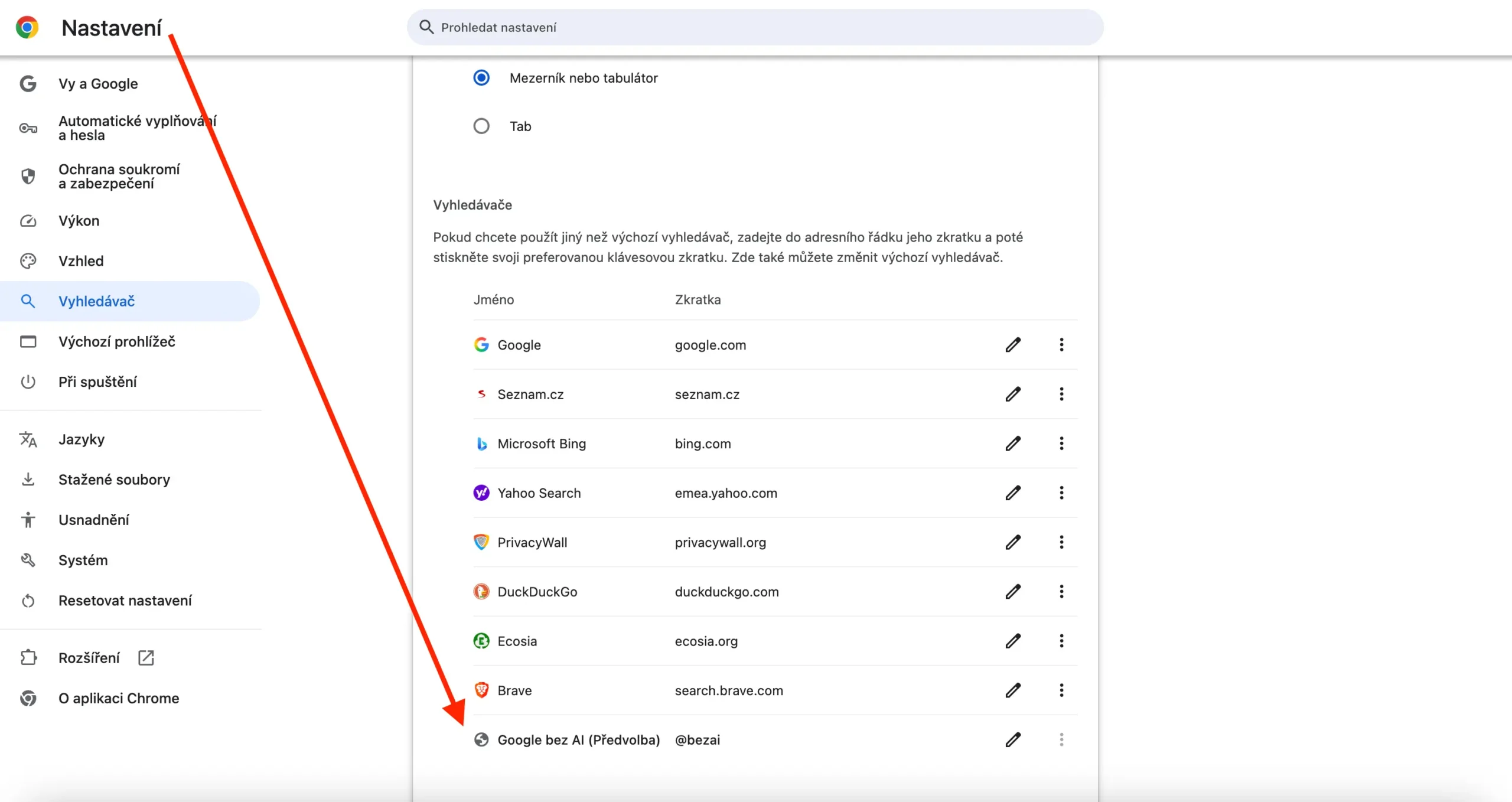 Nastavení vyhledávače v Google Chrome. Přidaná nová předvolba „Google bez AI (Předvolba)“ s vlastní zkratkou @bezai pro vyhledávání bez AI přehledů.