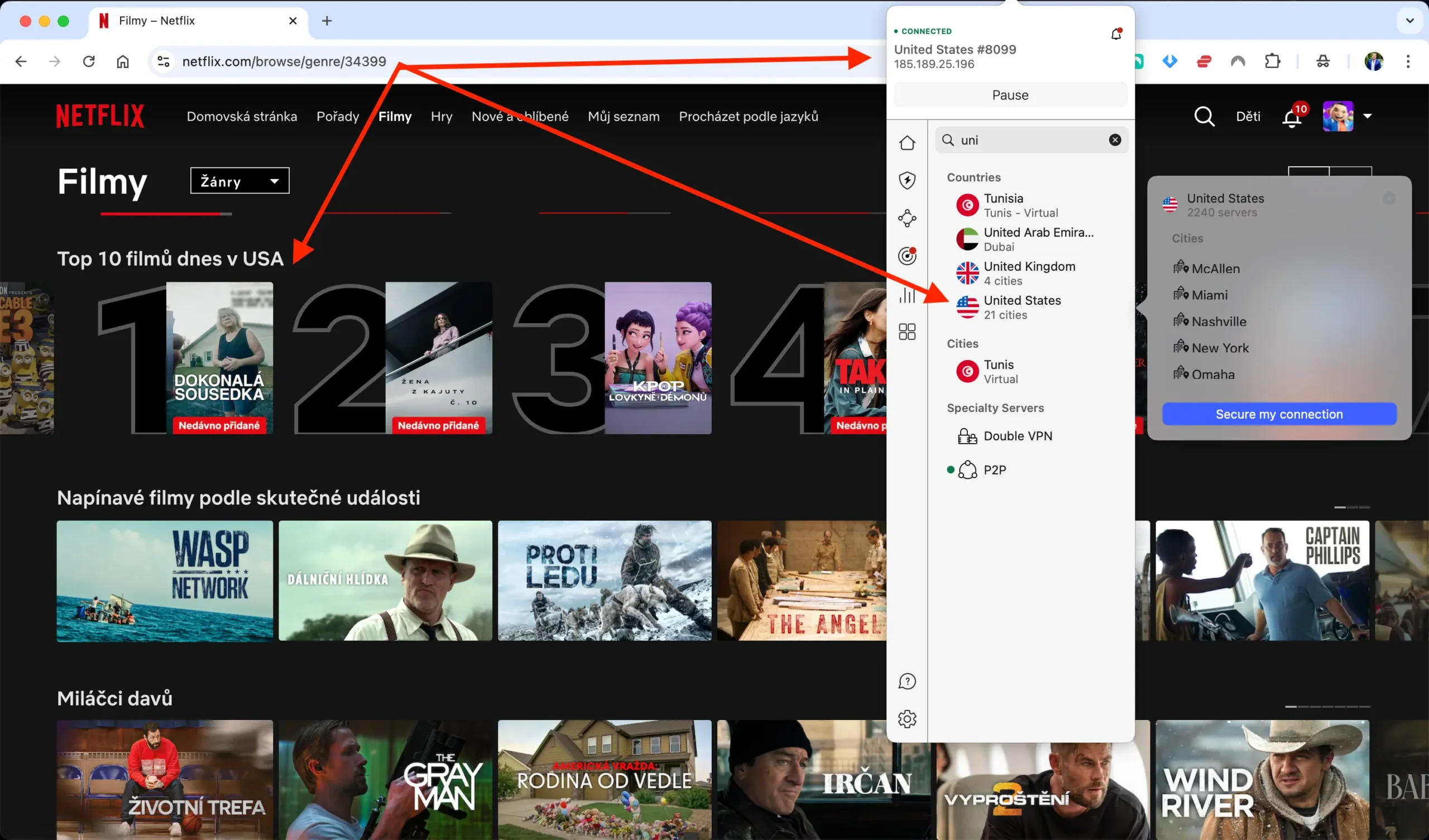 Netflix přihlášený přes NordVPN. Připojeno na server v New Yorku, zobrazená knihovna USA s žebříčkem Top 10 filmů v Americe