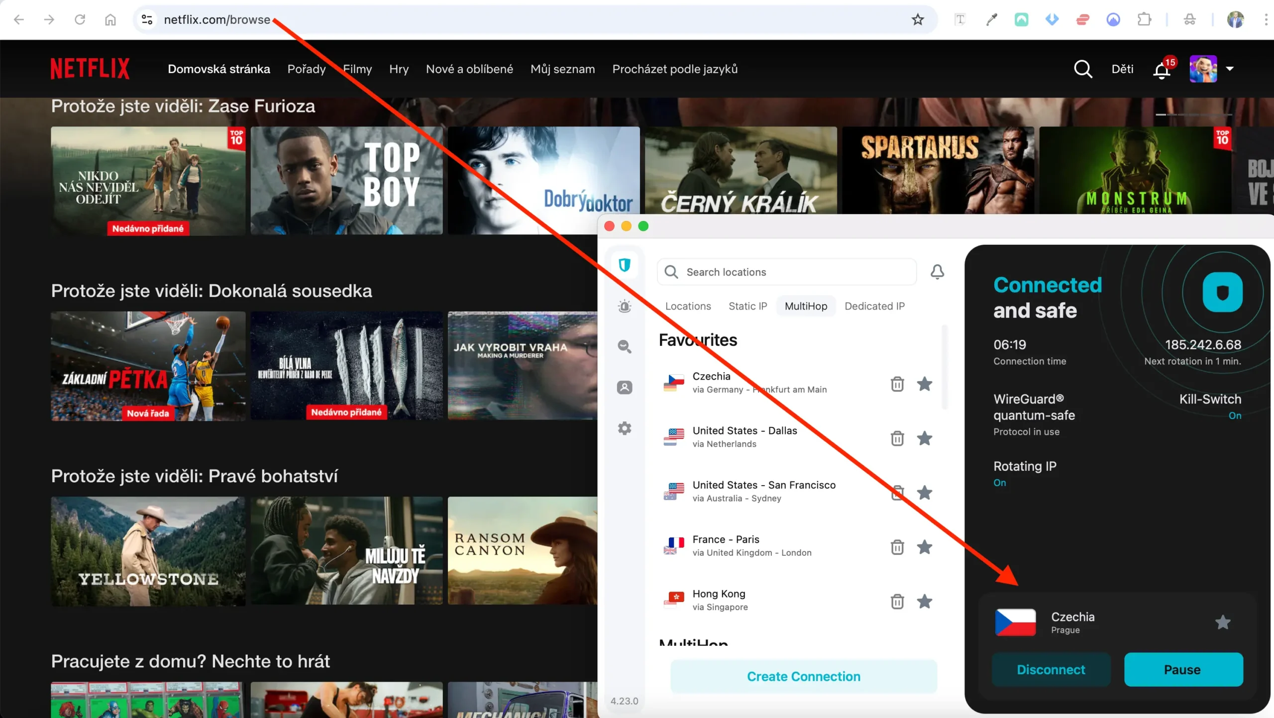 Netflix běžící přes český Surfshark server v Praze – ukázka funkčního připojení přes VPN, které odemyká obsah bez výpadků.