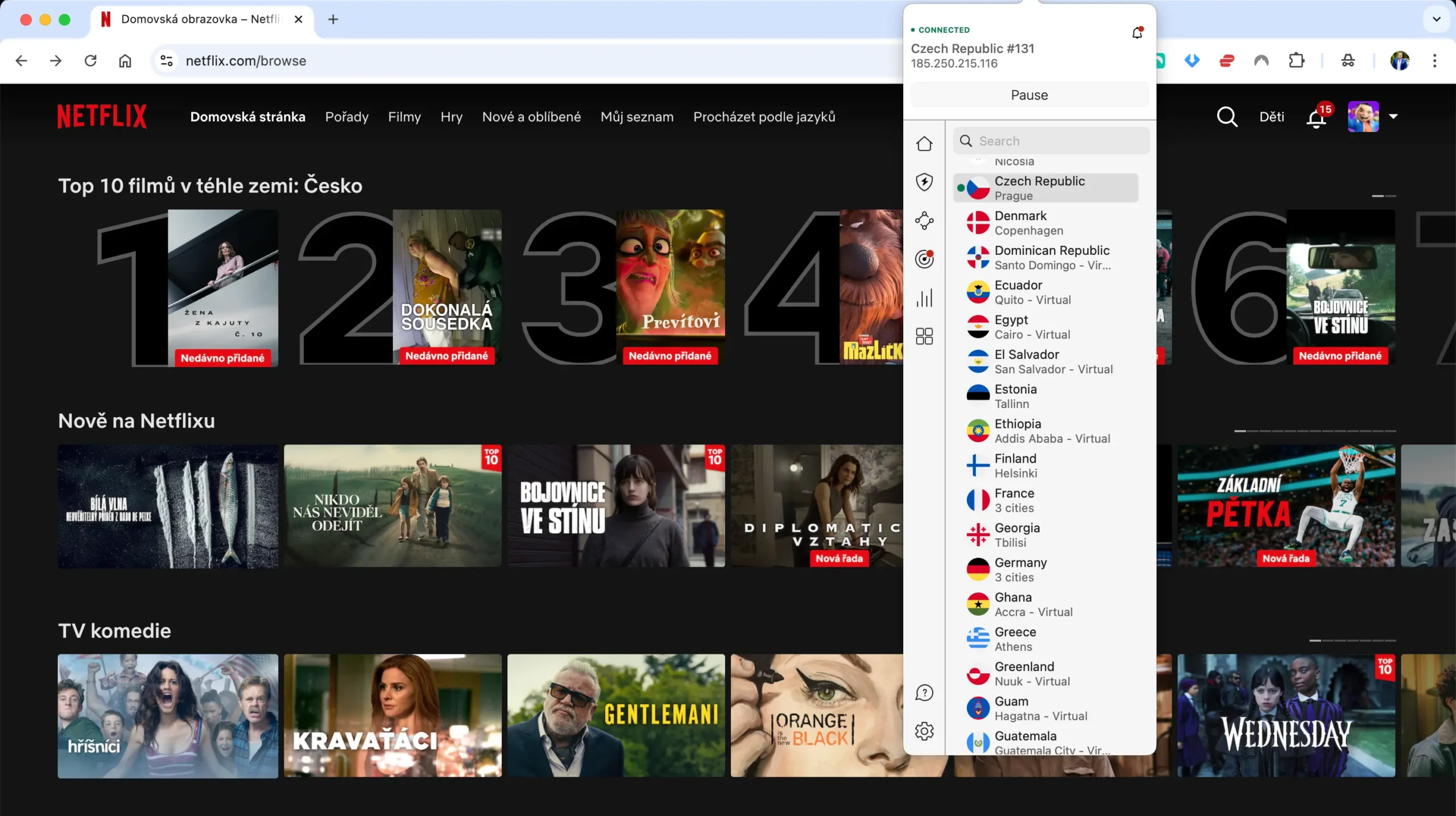 Netflix přihlášený přes NordVPN. Připojeno na český server v Praze, vidět žebříček Top 10 filmů v Česku