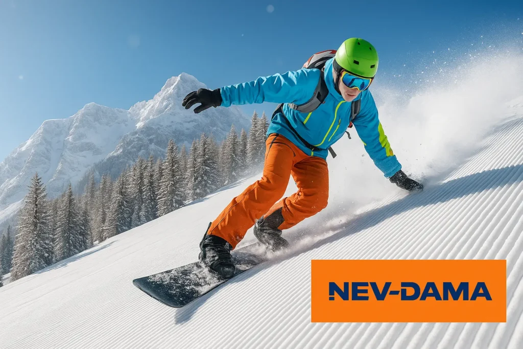 Snowboardista v oranžových kalhotách a modré bundě sjíždí zasněžený svah v Alpách, za ním hory a lesy, v rohu logo Nev-Dama