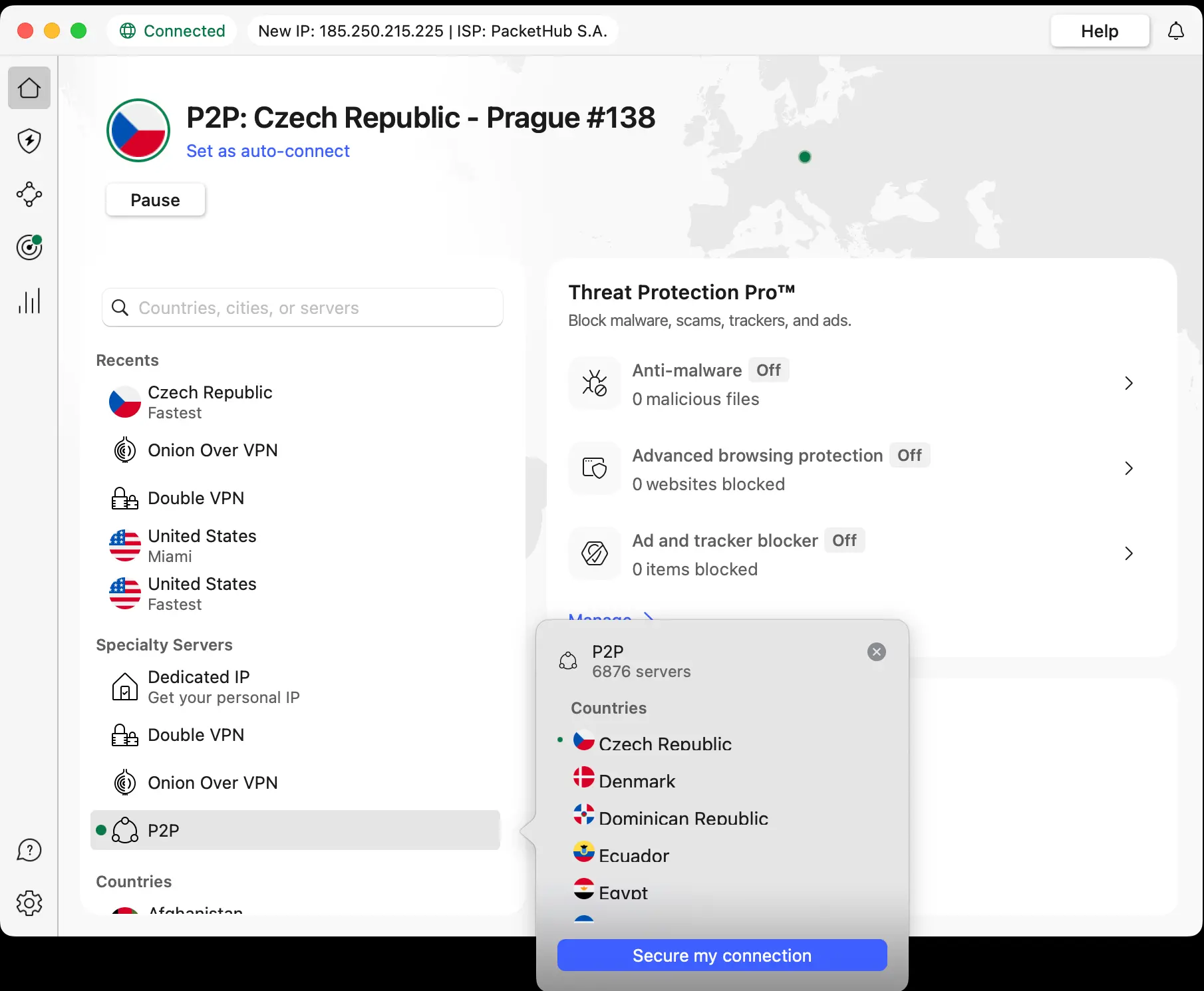 Ukázka P2P připojení přes NordVPN na český server v Praze s nabídkou tisíců serverů po celém světě.