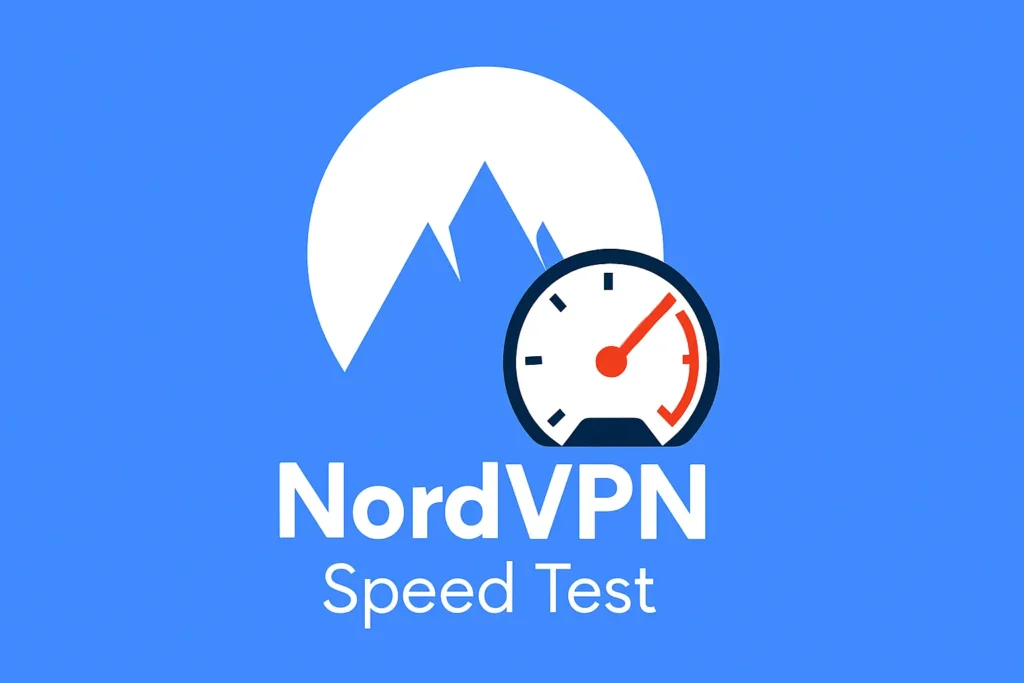 Ilustrační obrázek k článku o testování rychlosti NordVPN – logo služby doplněné o rychloměr, který symbolizuje měření připojení.