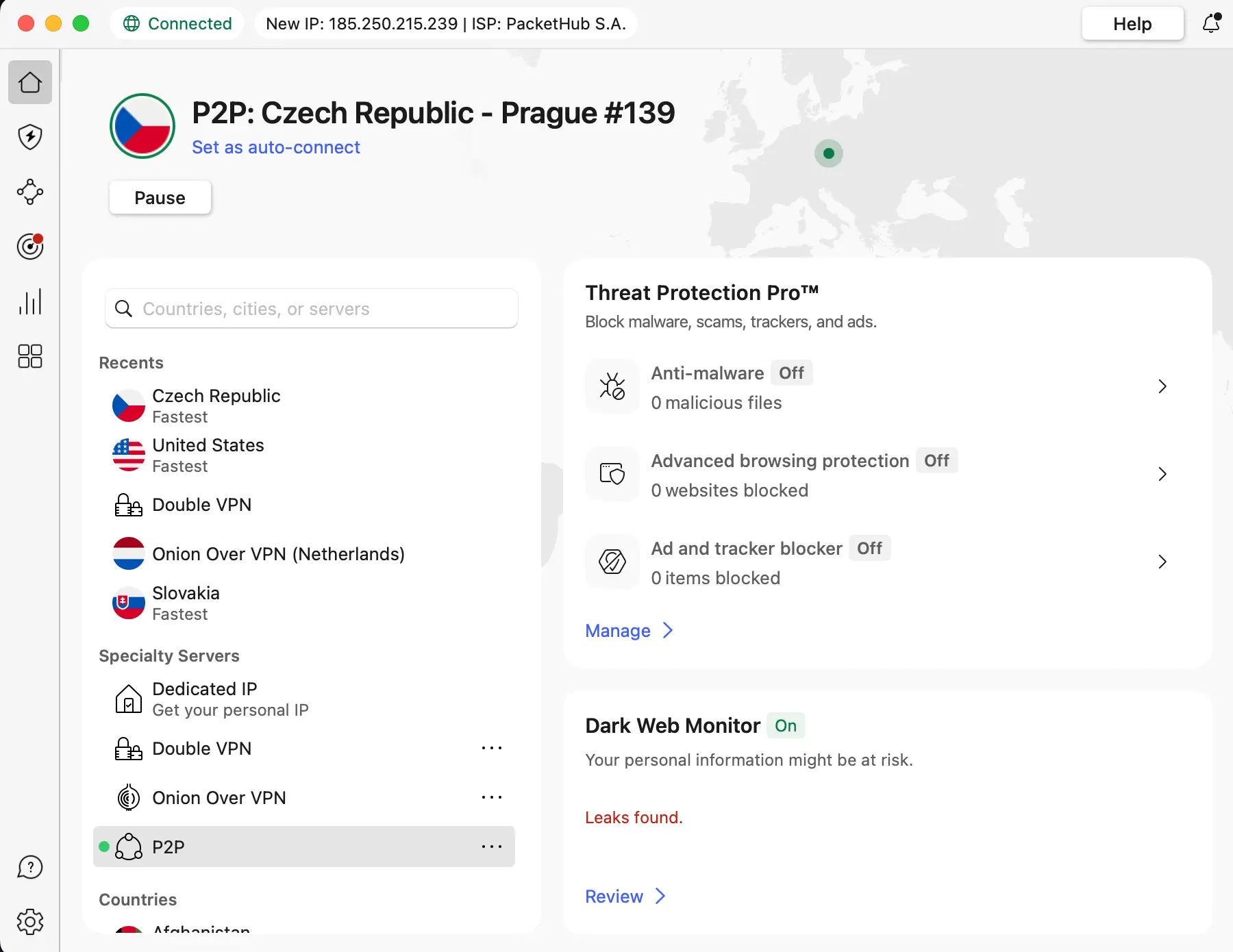 NordVPN aplikace P2P připojení Praha s aktivním Dark Web monitorem