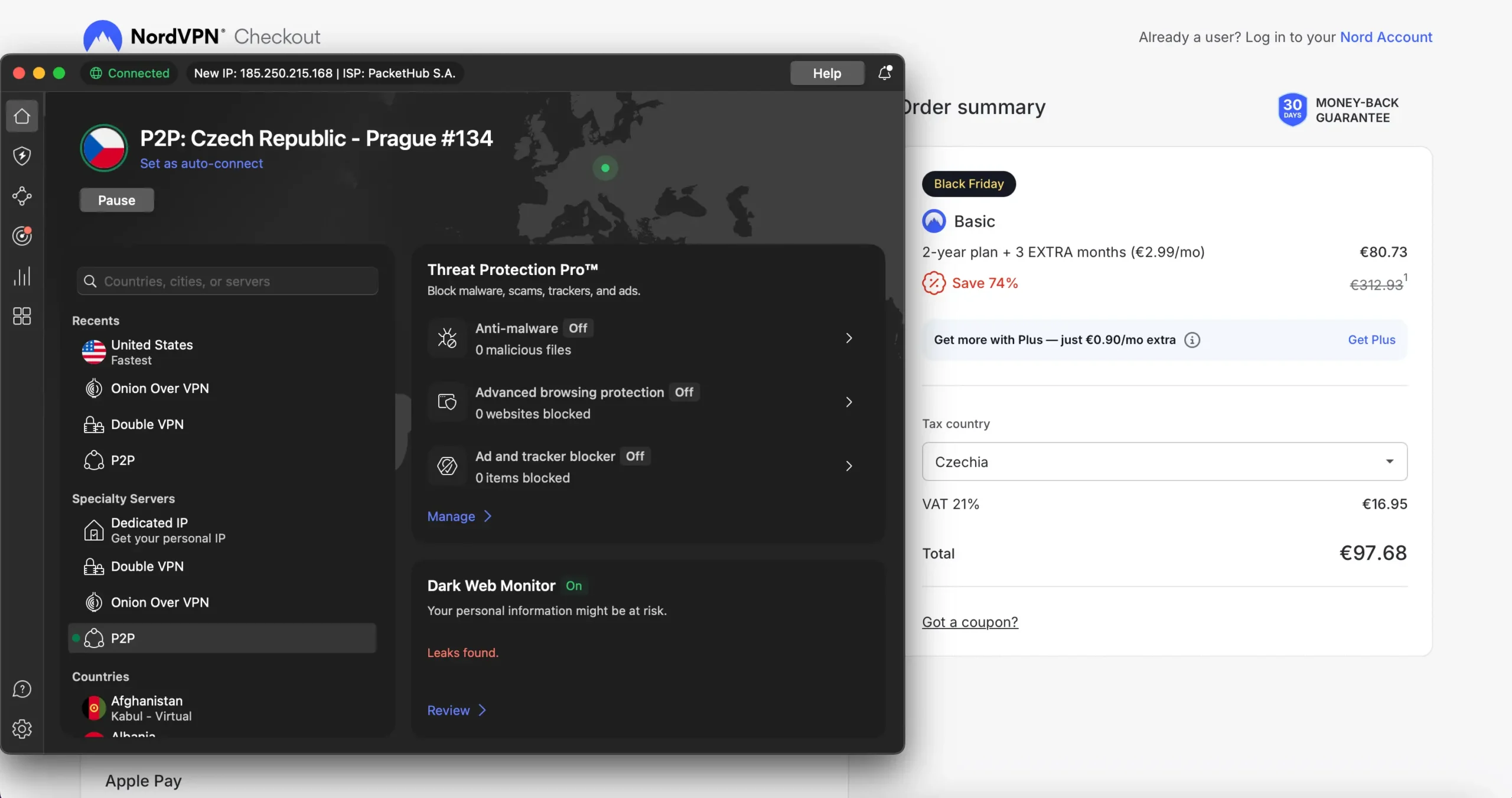 Dvouletý tarif NordVPN při české IP – 80,73 € + 21 % DPH, finální cena 97,68 €