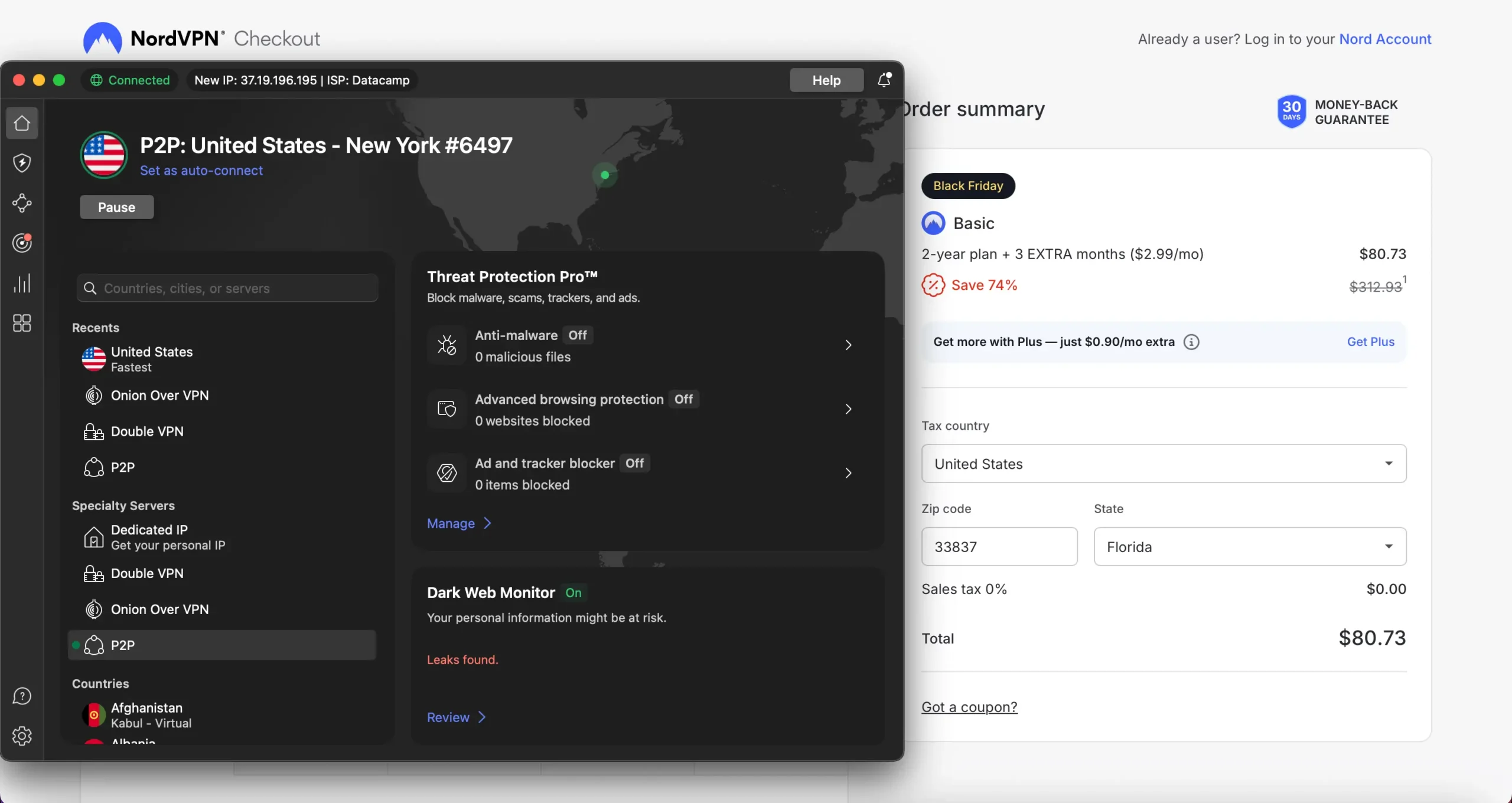 Dvouletý tarif NordVPN s americkou IP adresou – cena 80,73 USD bez DPH, žádná evropská daň