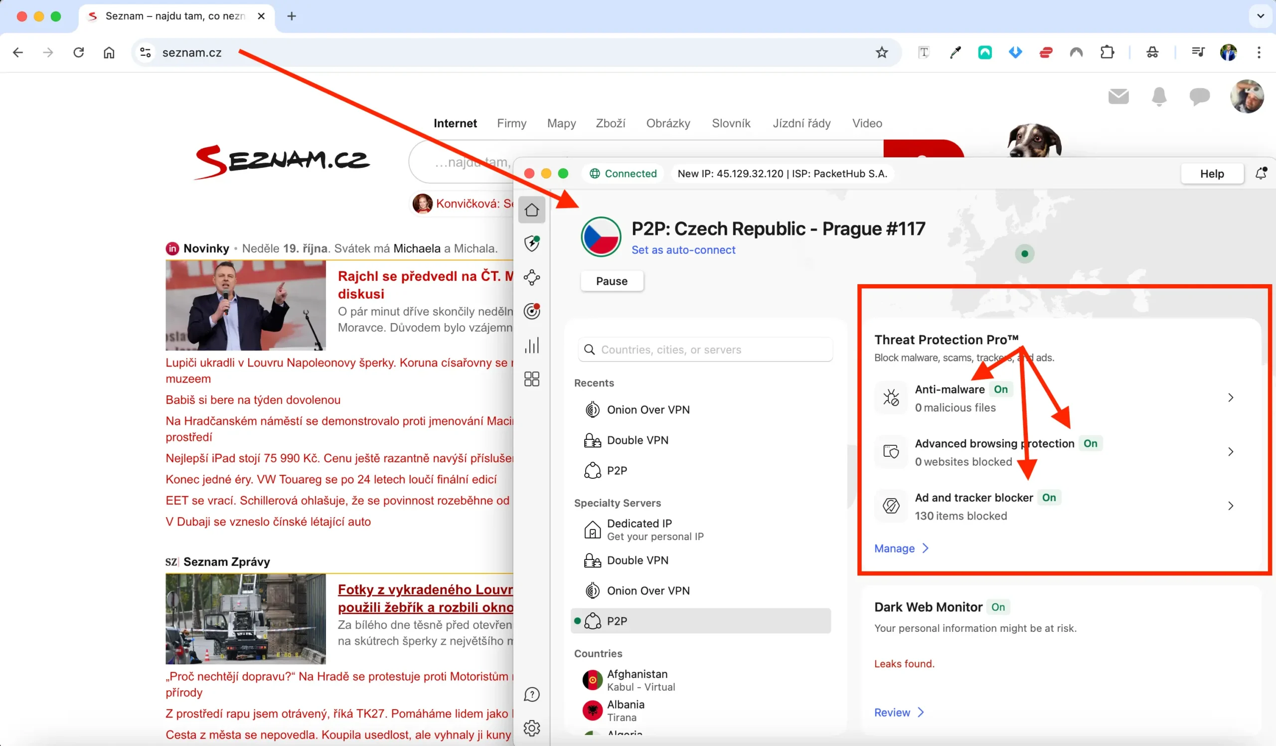 NordVPN zapnutá na Seznamu + zapnutá ochrana Thread Protection Pro | Venclíkovi.cz NordVPN blokuje na seznam.cz vsechny reklamy. Vztahuje se i na stream.cz a dalsi weby z ekosystemu Seznamu. Tohle je screenshot me obrazovky z Macbook PRO M1 MAX a Google Chrome prohlížeči. Samozřejmě zapnutá funkce Threat Protection Pro