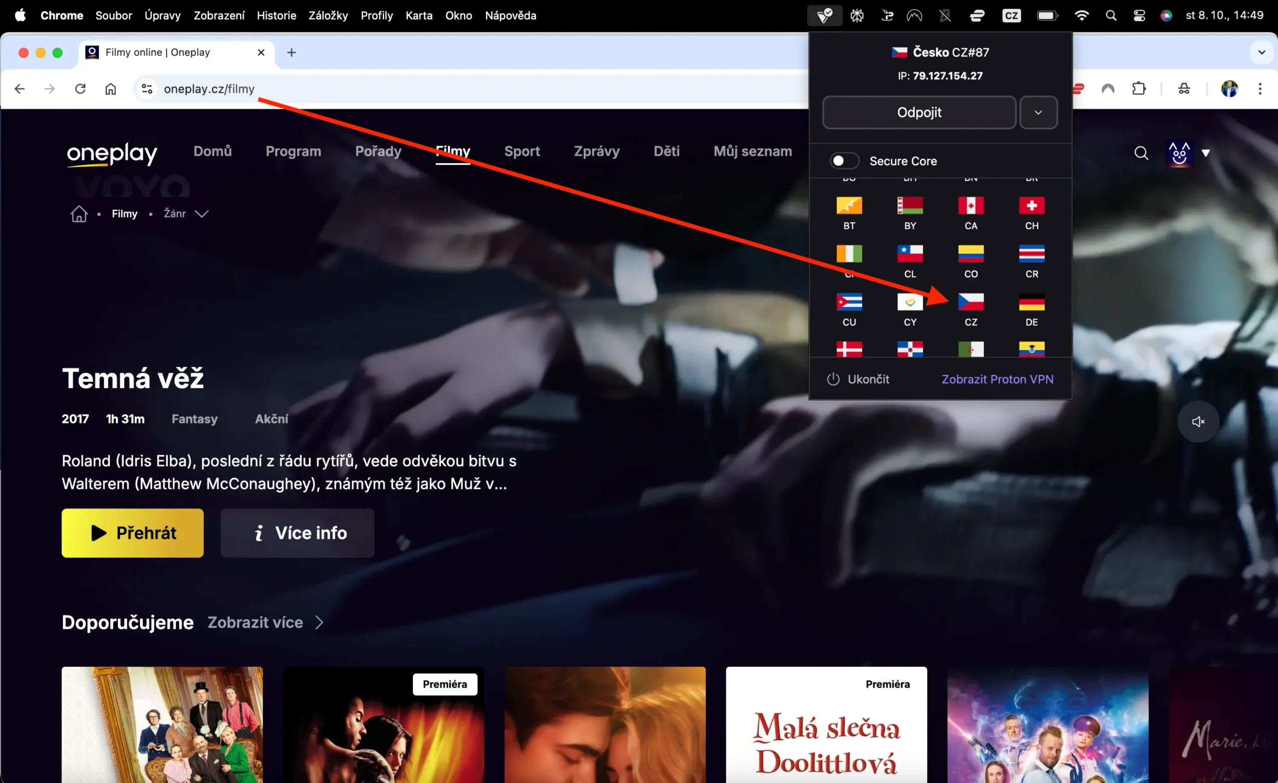 OnePlay s přehráváním filmů, připojený přes ProtonVPN na český server pro odblokování obsahu z ciziny.