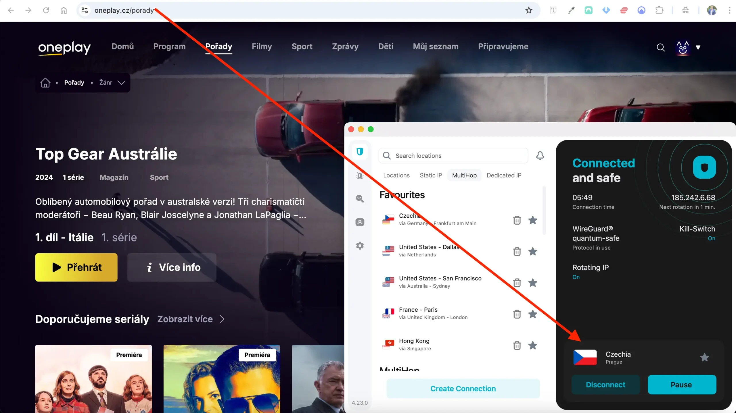 Sledování pořadu Top Gear na platformě OnePlay, připojení přes Surfshark VPN s vybraným českým serverem a aktivním zabezpečením.