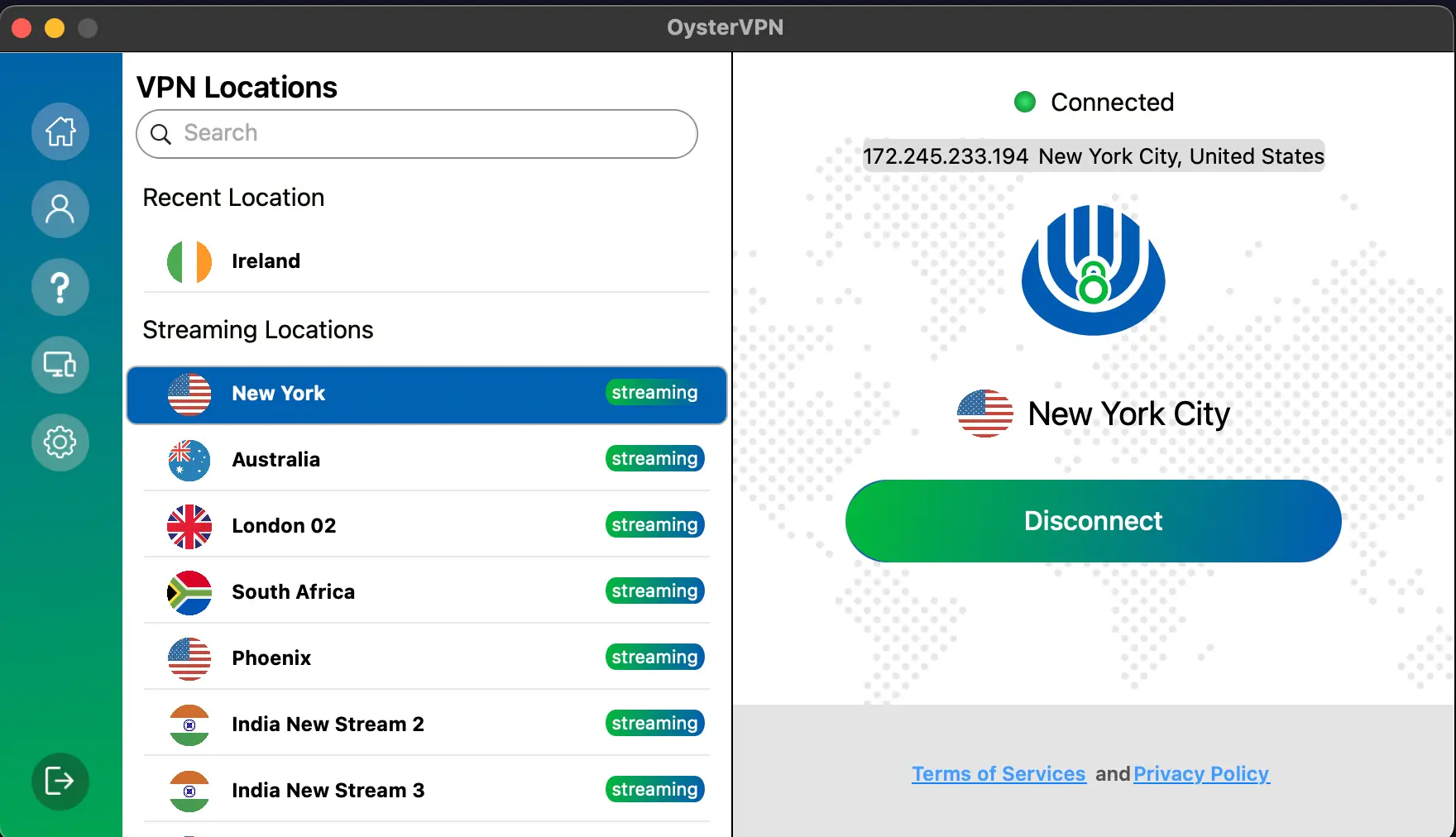 OysterVPN připojena na server v NY | Venclíkovi.cz