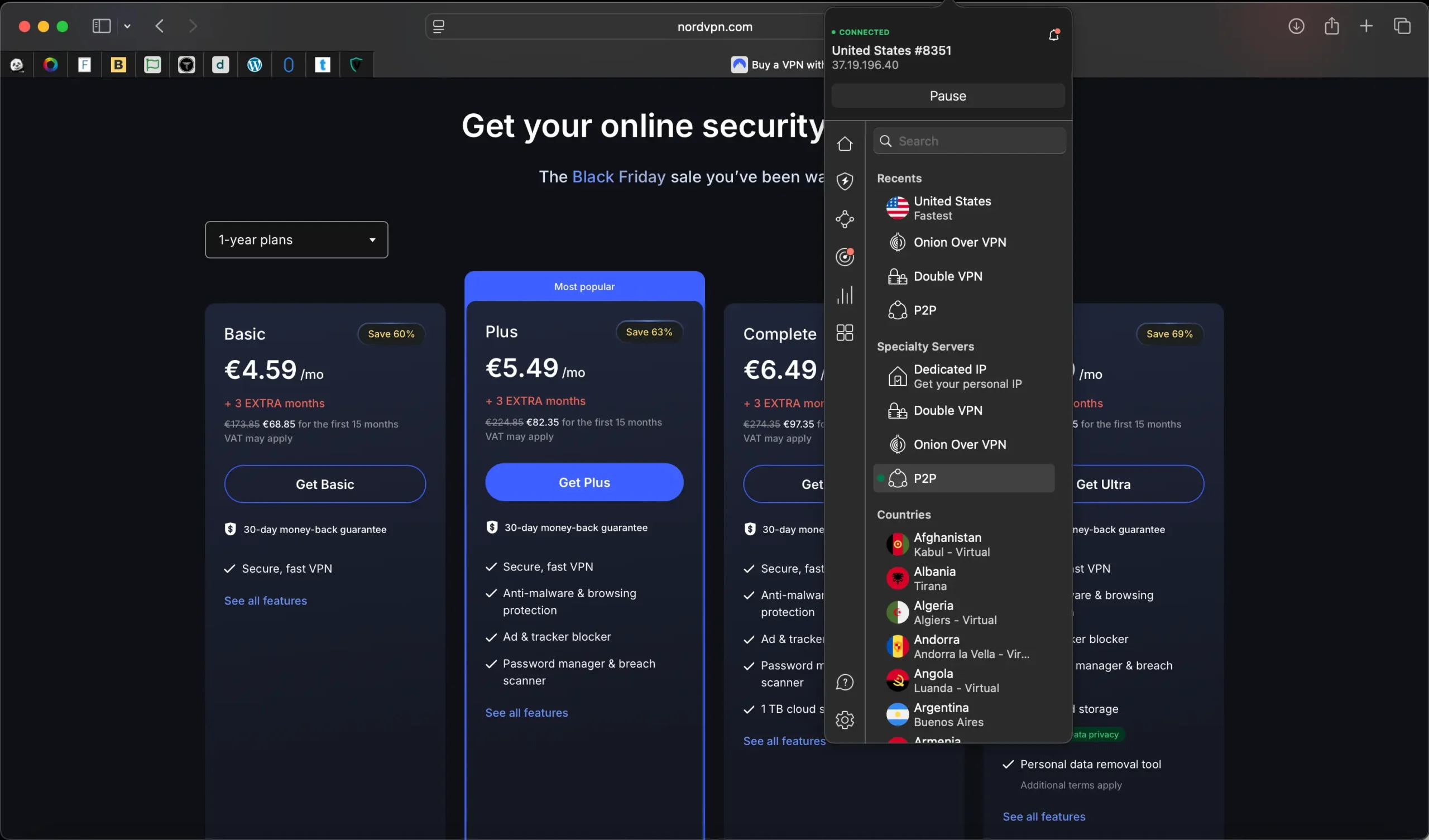 Ceník NordVPN při americké IP adrese – stejné tarify Basic, Plus a Complete bez DPH, nižší ceny